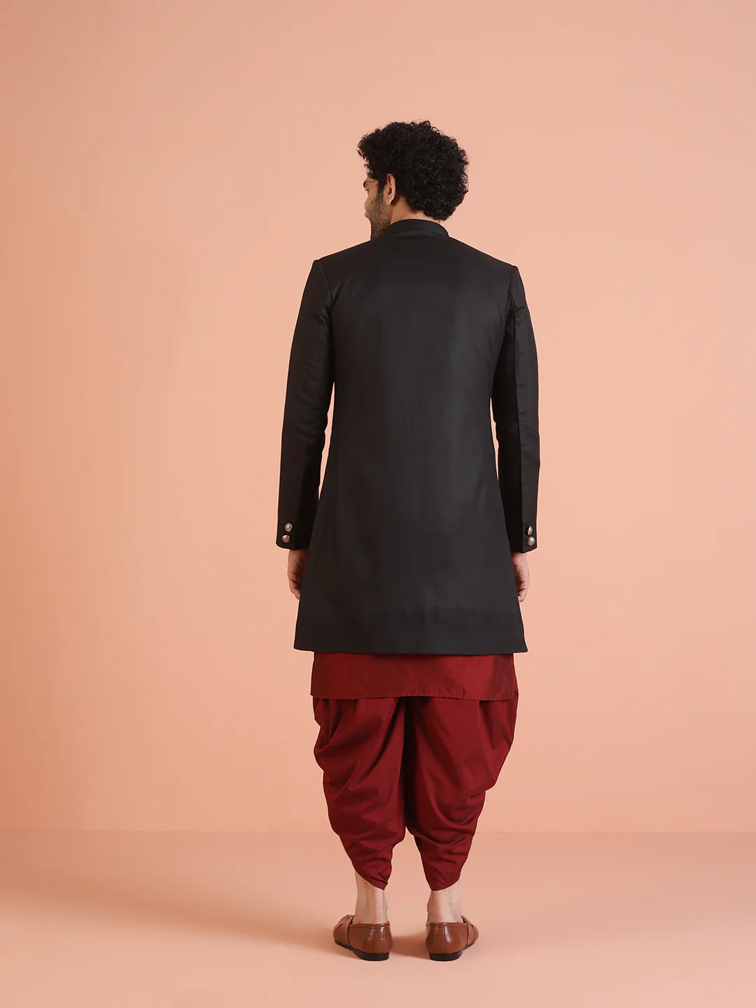 Men Black Solid Kurta Indowestern Dhoti Set - Image 4
