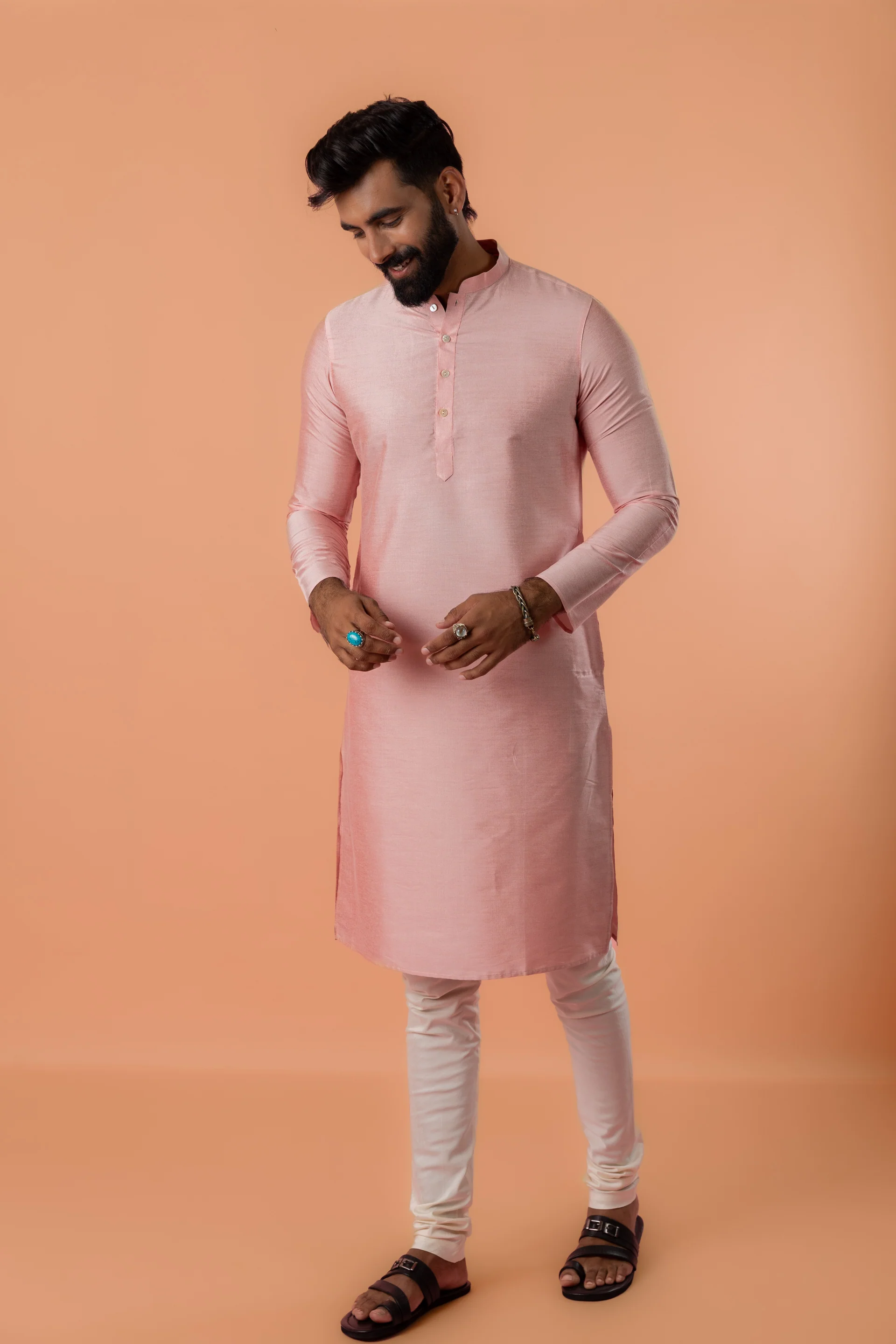 Light Pink Printed Nehru Jacket Kurta Churidar Set - Image 7