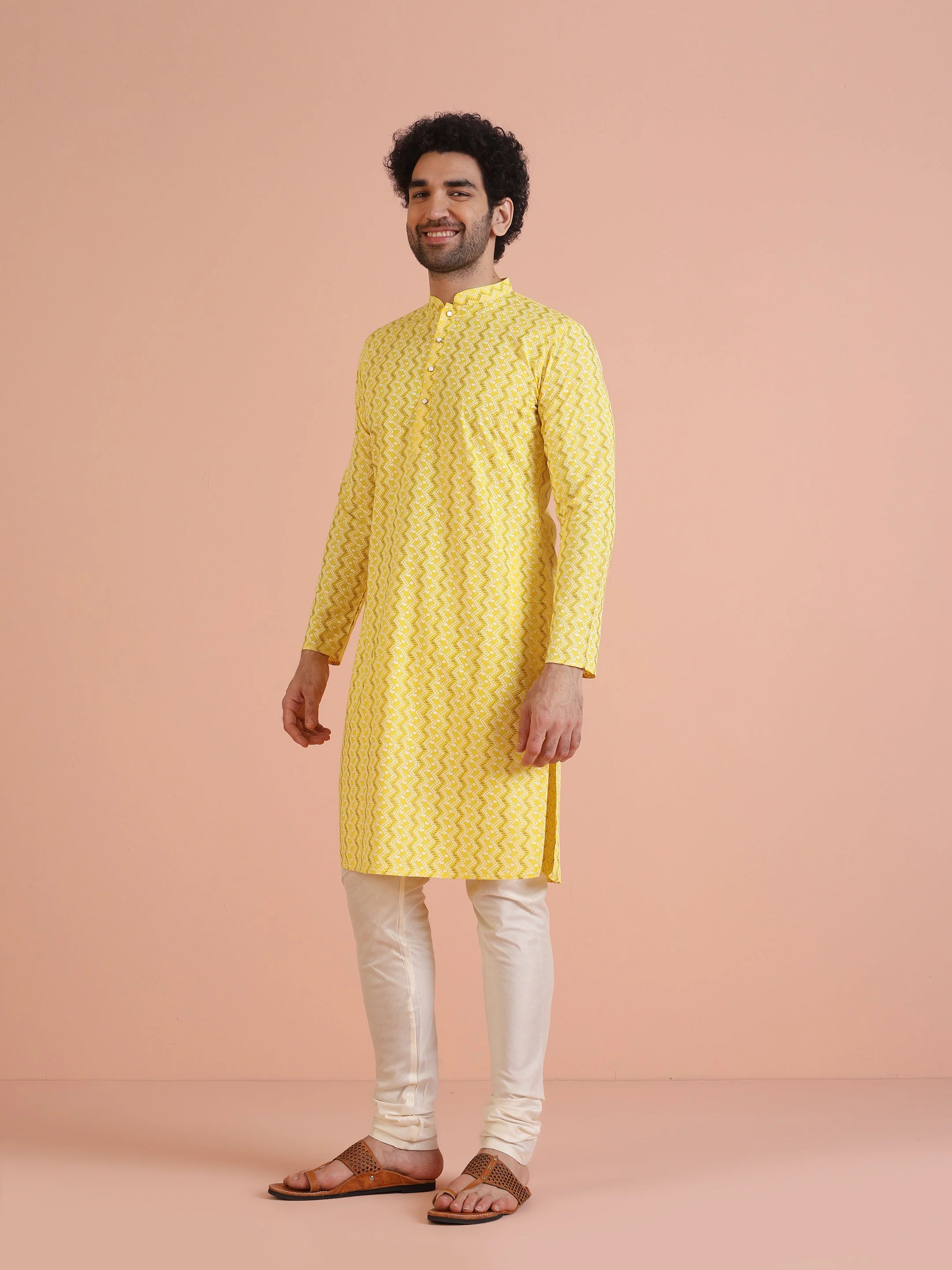 Yellow Cotton Blend Kurta Set with Geometric Woven Pattern and Cream Churidar for Festive & Wedding Ensemble - Image 17