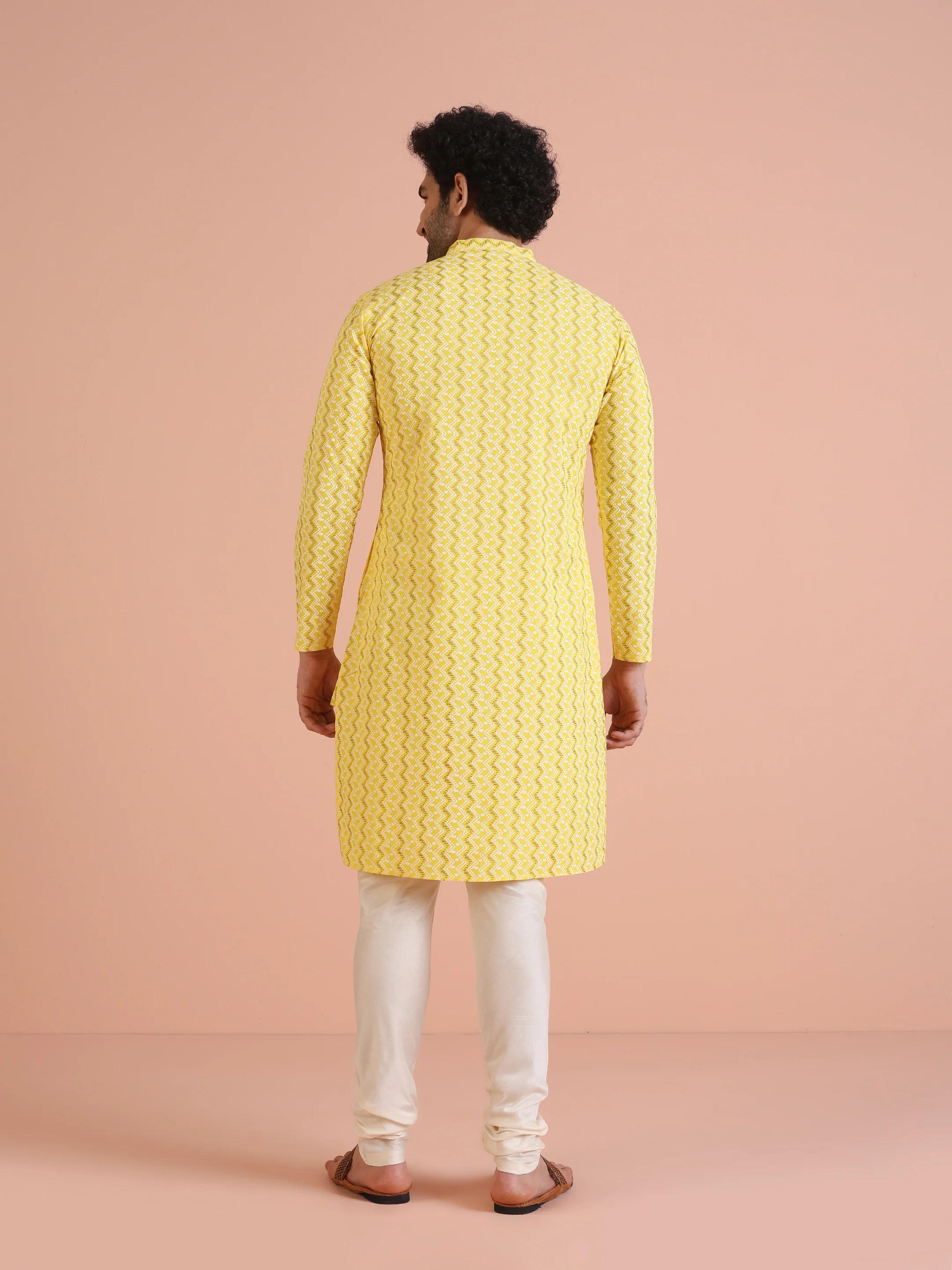 Yellow Cotton Blend Kurta Set with Geometric Woven Pattern and Cream Churidar for Festive & Wedding Ensemble - Image 4