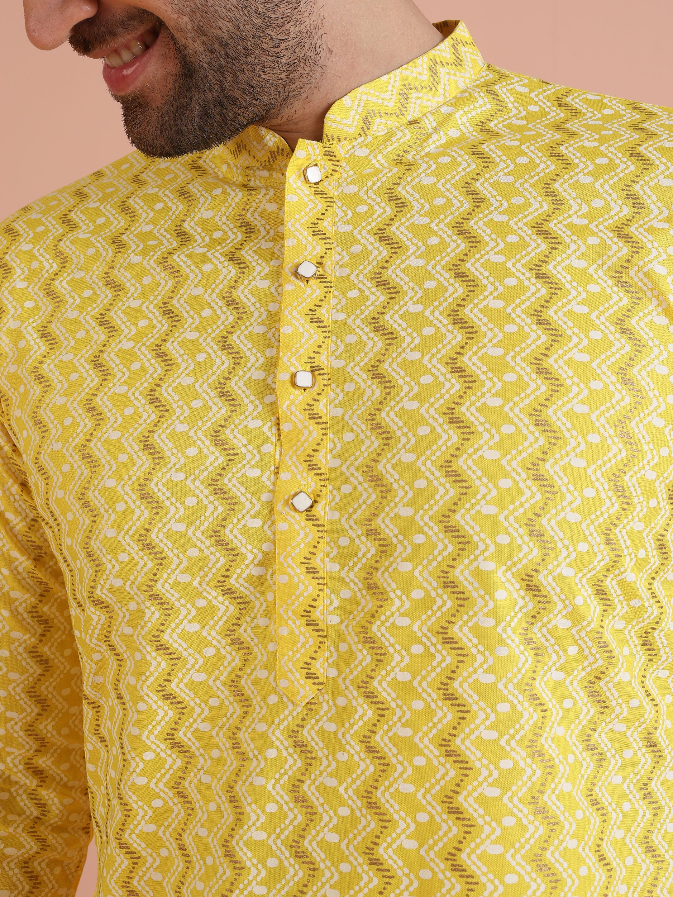 Yellow Cotton Blend Kurta Set with Geometric Woven Pattern and Cream Churidar for Festive & Wedding Ensemble - Image 5