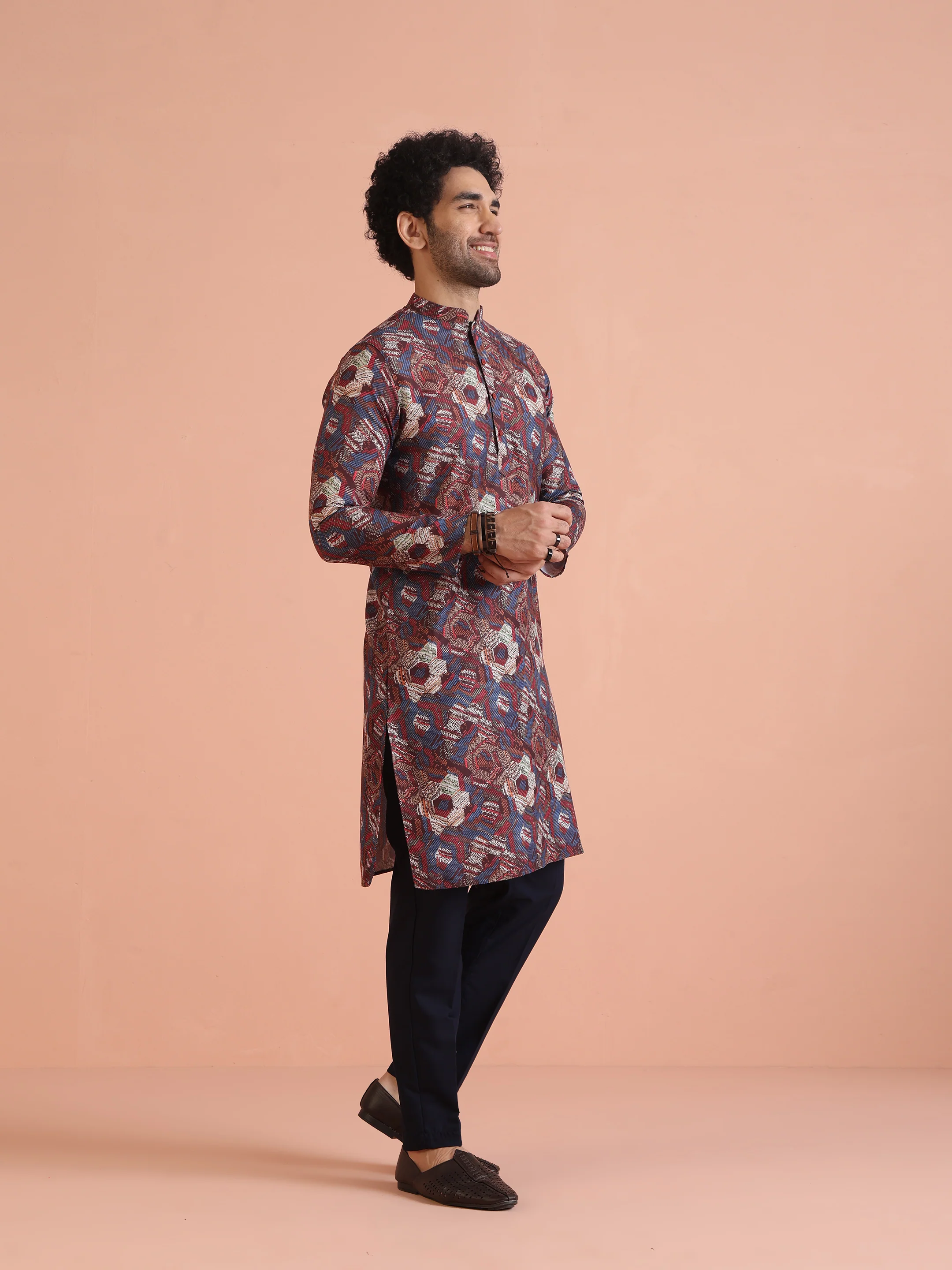 Multicolor Printed Cotton Kurta Set with Geometric Motifs and Navy Blue Trousers â€“ Festive & Wedding Ensemble - Image 3
