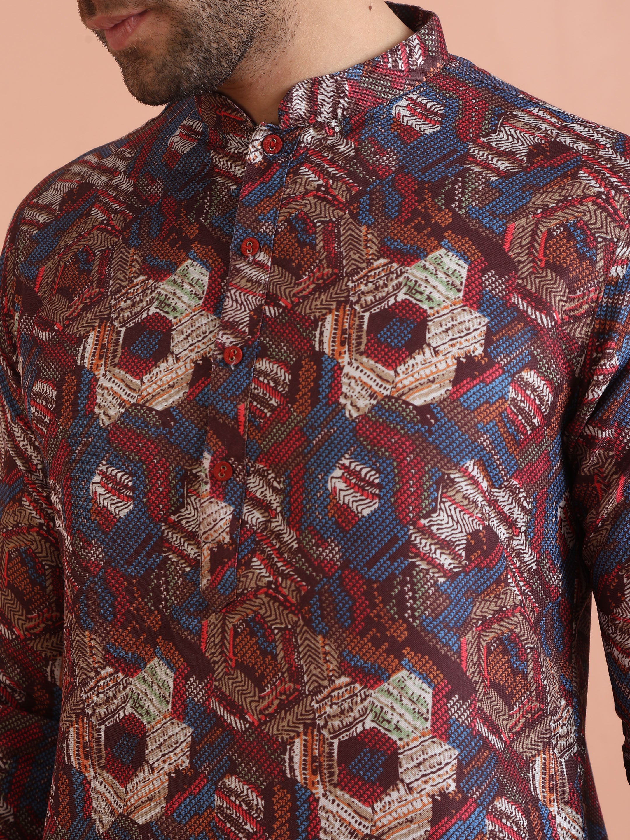Multicolor Printed Cotton Kurta Set with Geometric Motifs and Navy Blue Trousers â€“ Festive & Wedding Ensemble - Image 5