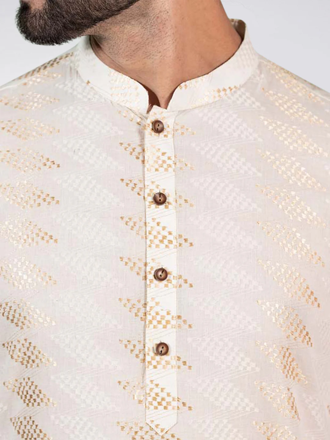 Cream Art Silk Geometric Textured Long Kurta - Image 4