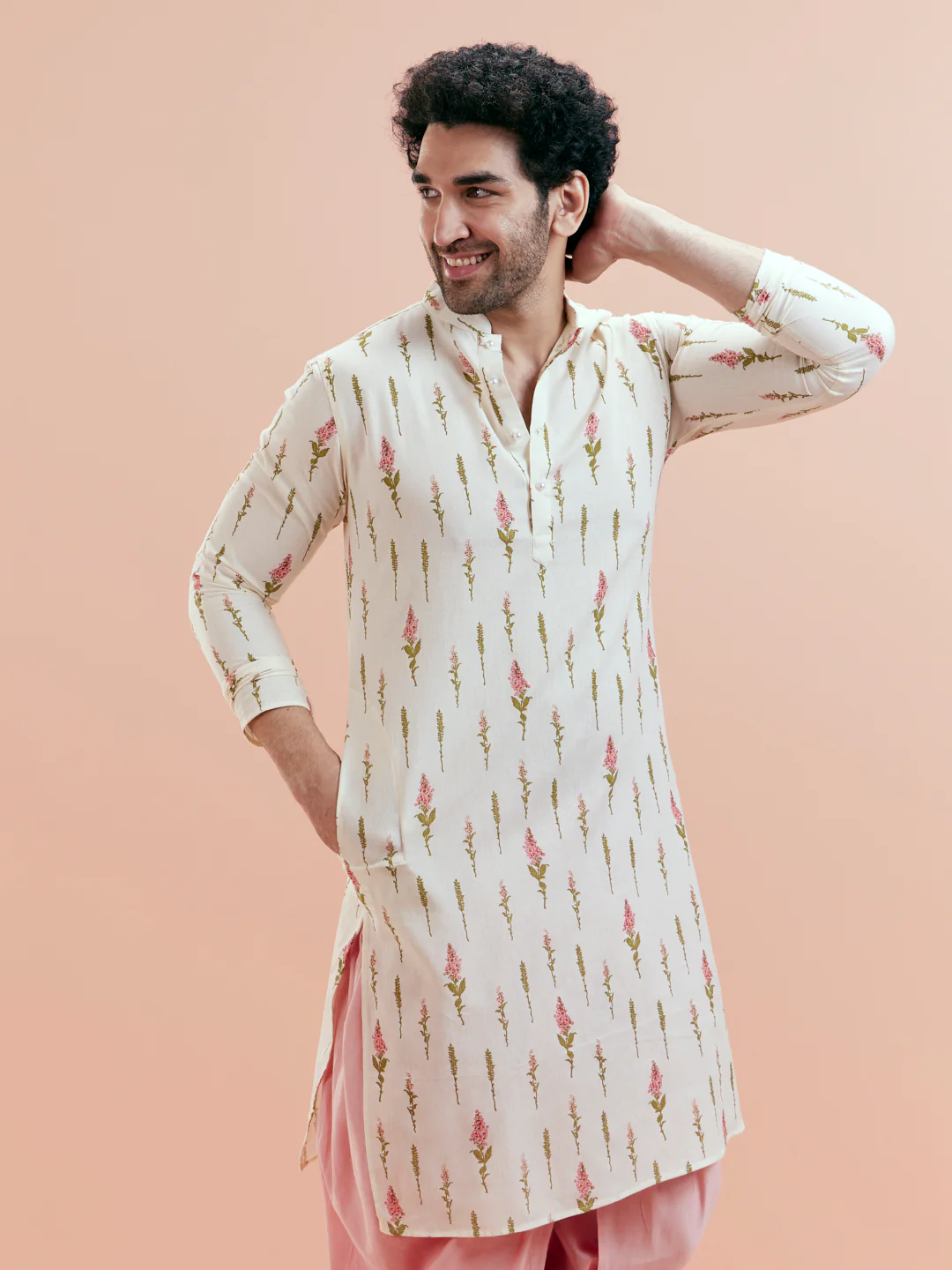 White Cotton Floral Printed Kurta Pink Dhoti Set - Image 8