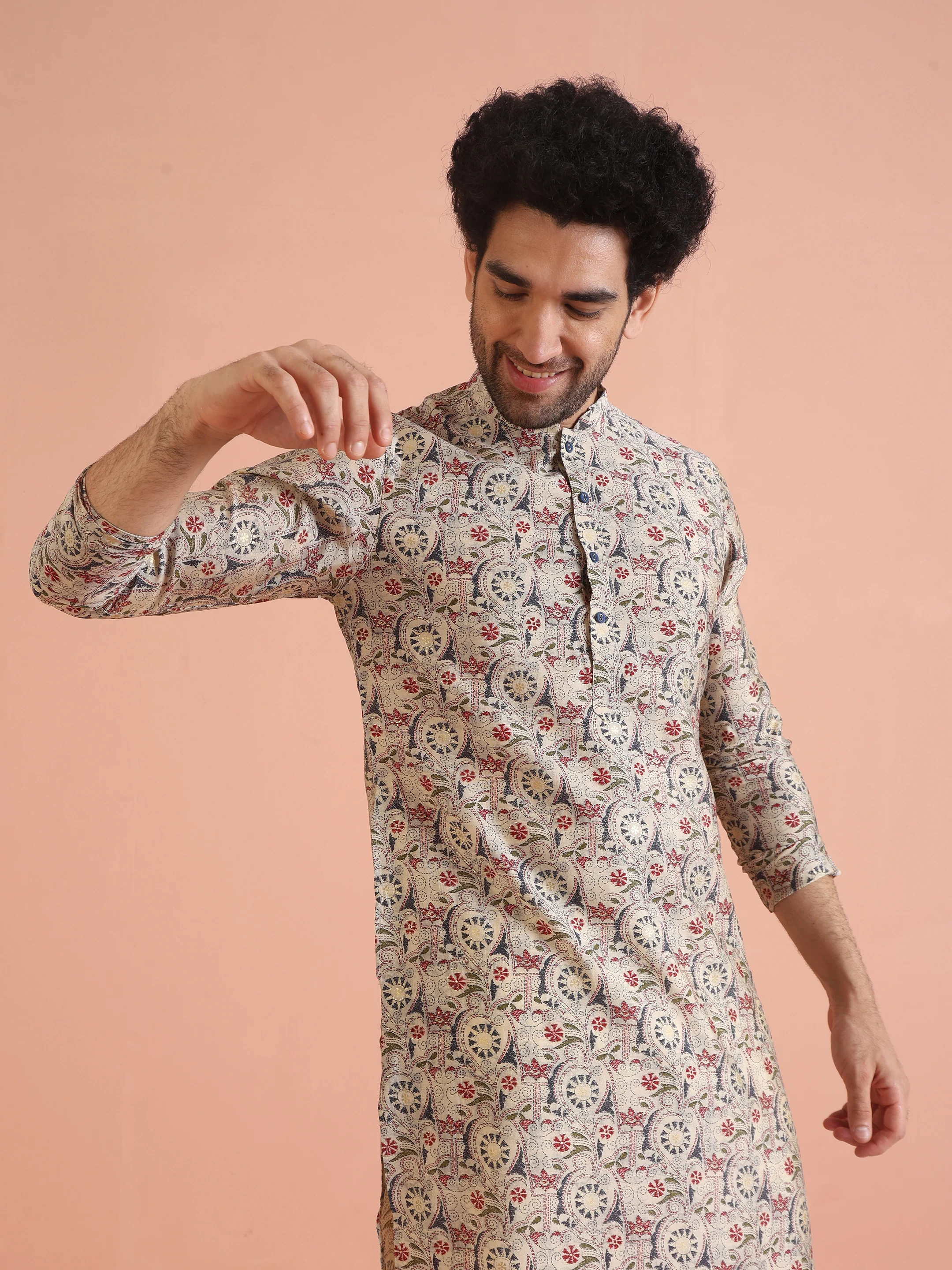 Multicolor Beige Printed Cotton Kurta - Image 7