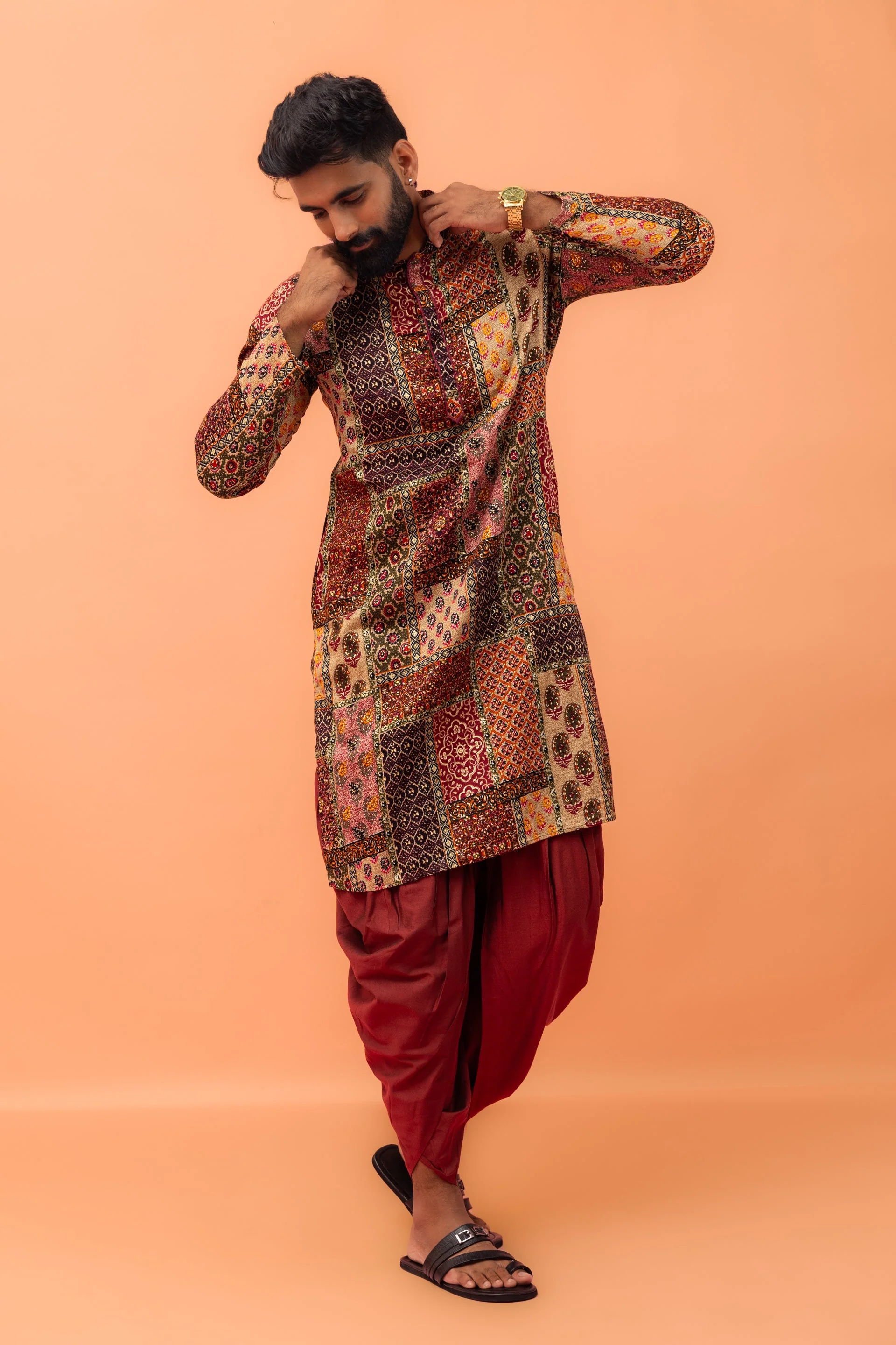 Men Multi-Color Patchwork Printed Kurta with Maroon Dhoti Set - Image 12