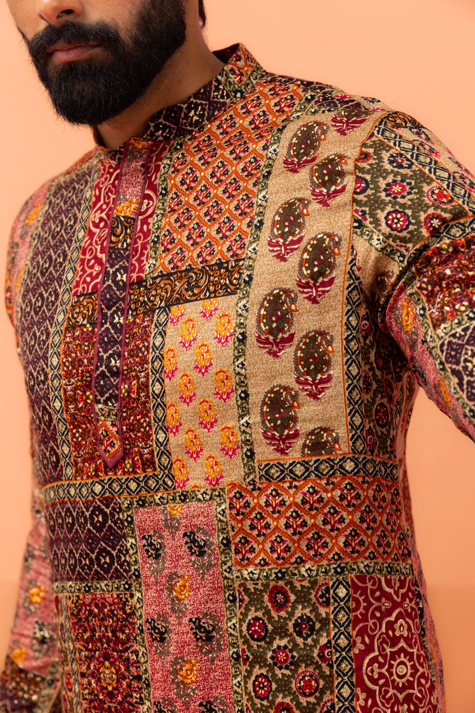 Men Multi-Color Patchwork Printed Kurta with Maroon Dhoti Set - Image 16
