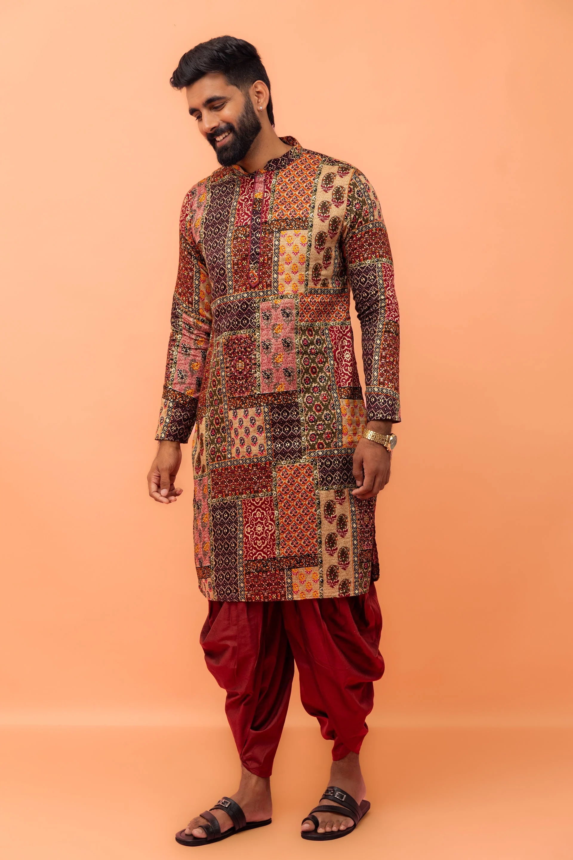 Men Multi-Color Patchwork Printed Kurta with Maroon Dhoti Set - Image 18