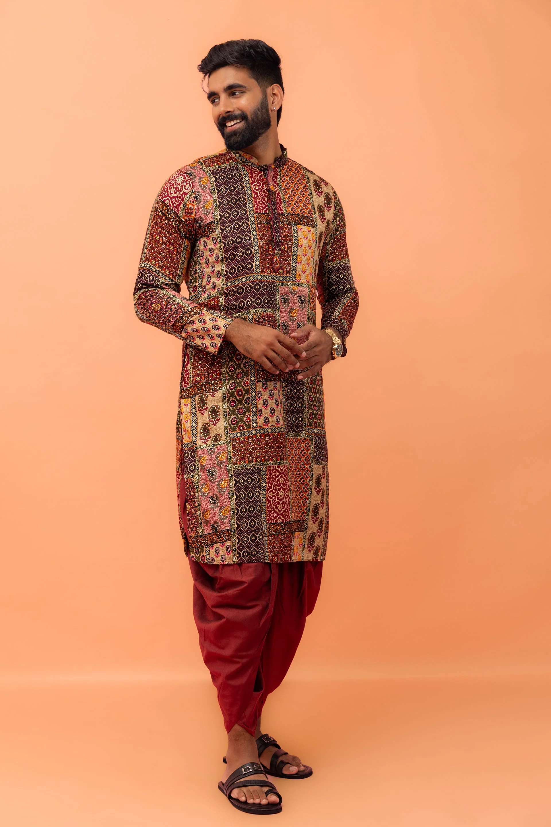 Men Multi-Color Patchwork Printed Kurta with Maroon Dhoti Set - Image 20