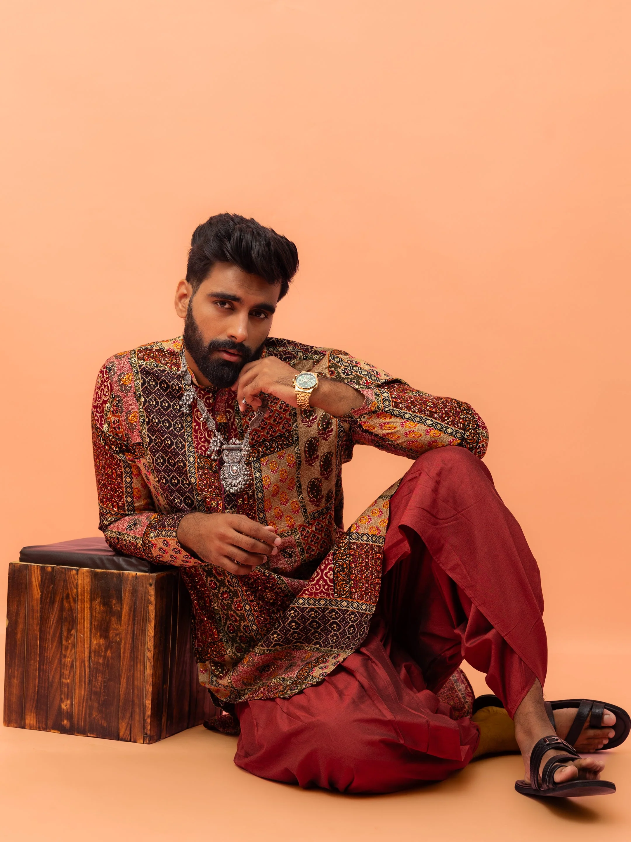 Men Multi-Color Patchwork Printed Kurta with Maroon Dhoti Set - Image 8