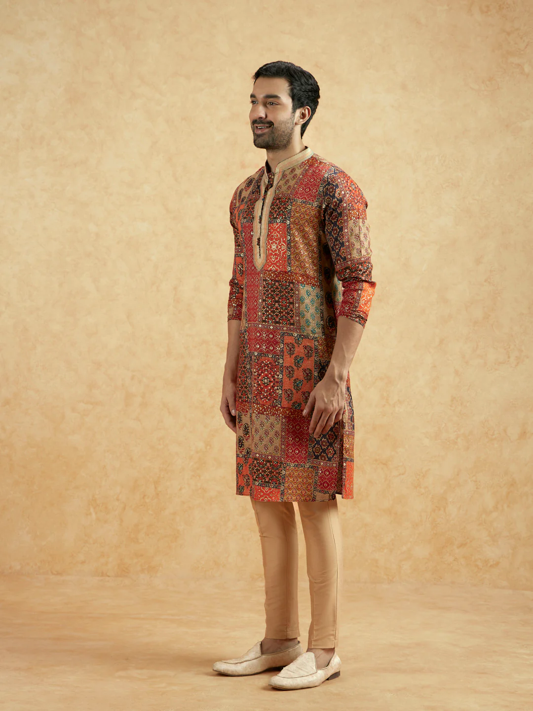 Red Beige Art Silk Printed Long Kurta - Image 4