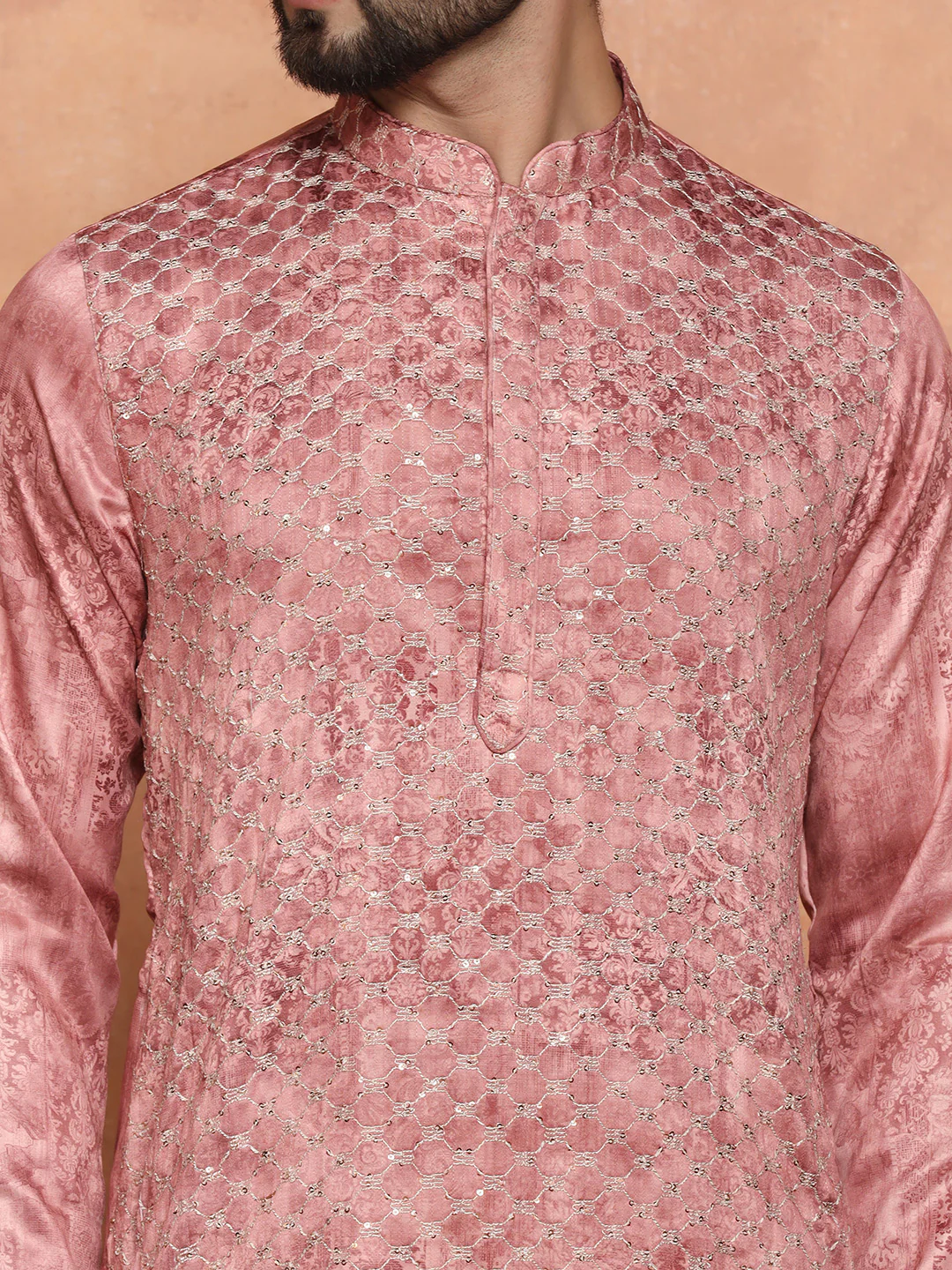 Pink Silk Blend Textured Kurta Churidar - Image 7