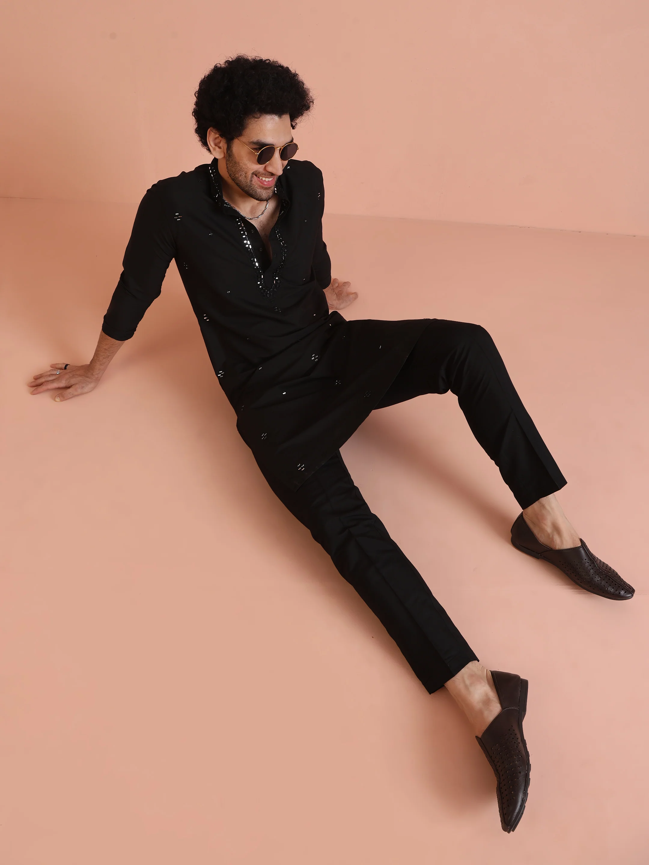 Black Cotton Mirror Work Kurta Trouser Set - Image 3