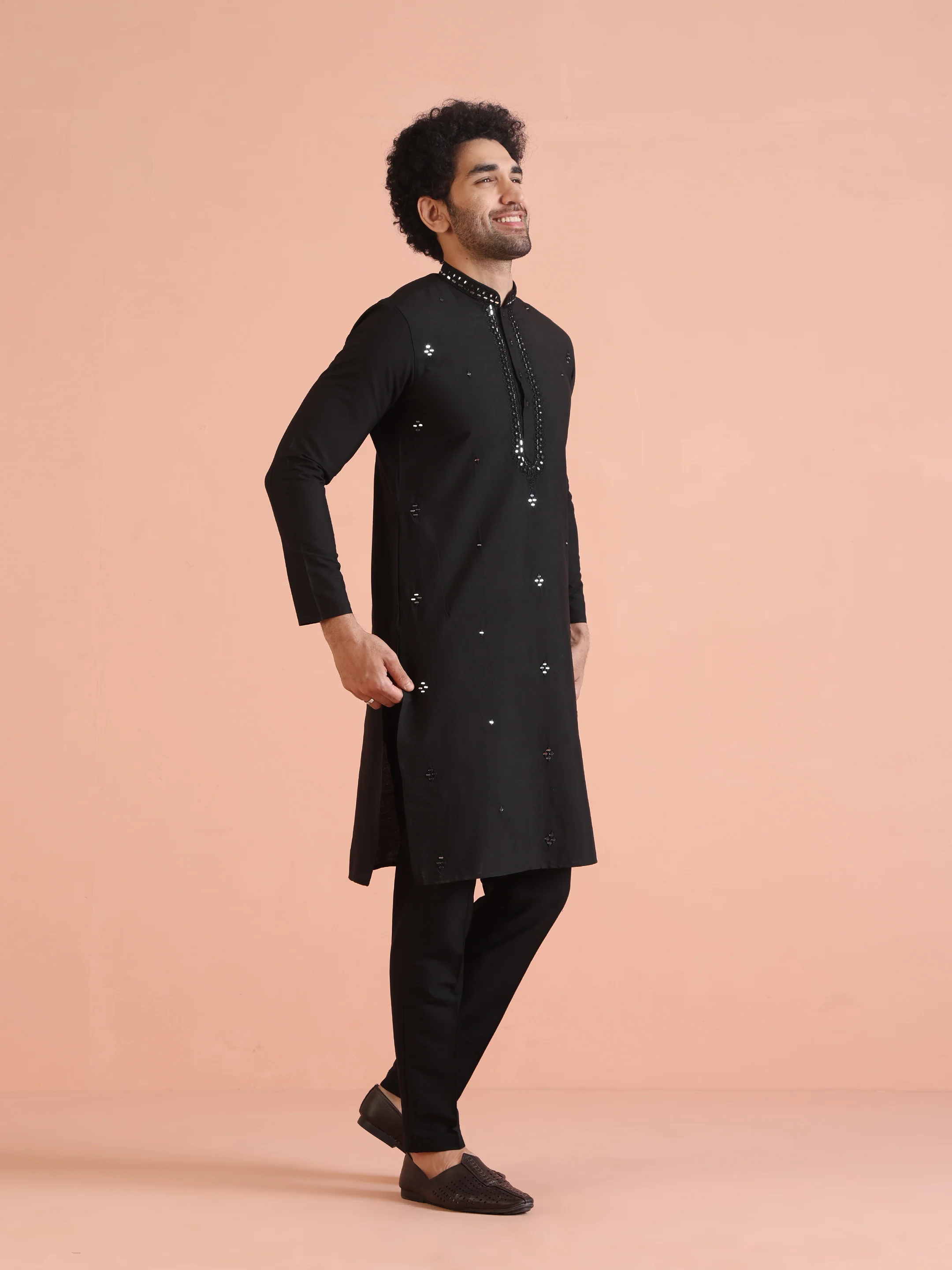 Black Cotton Mirror Work Kurta Trouser Set - Image 5