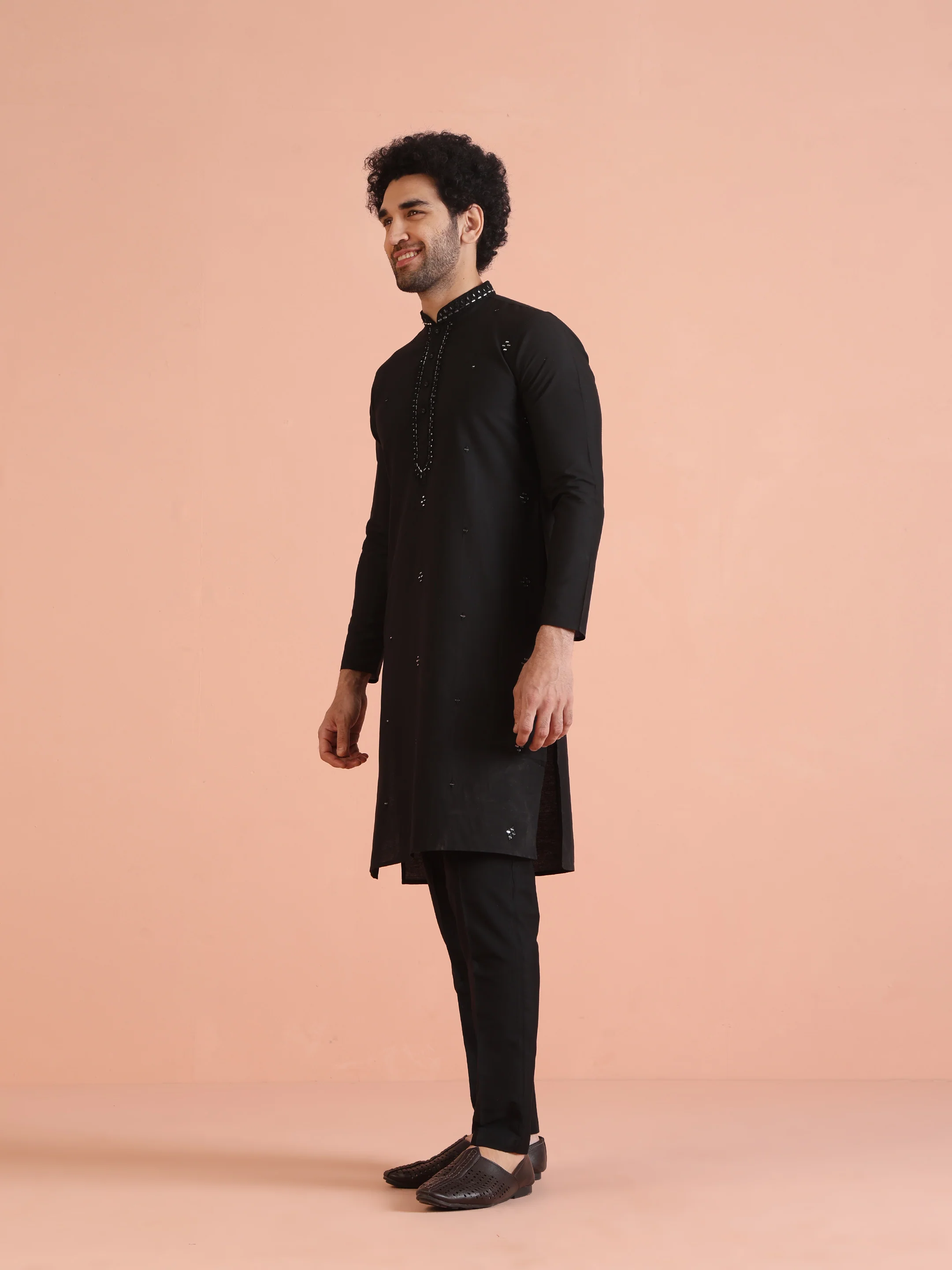 Black Cotton Mirror Work Kurta Trouser Set - Image 6