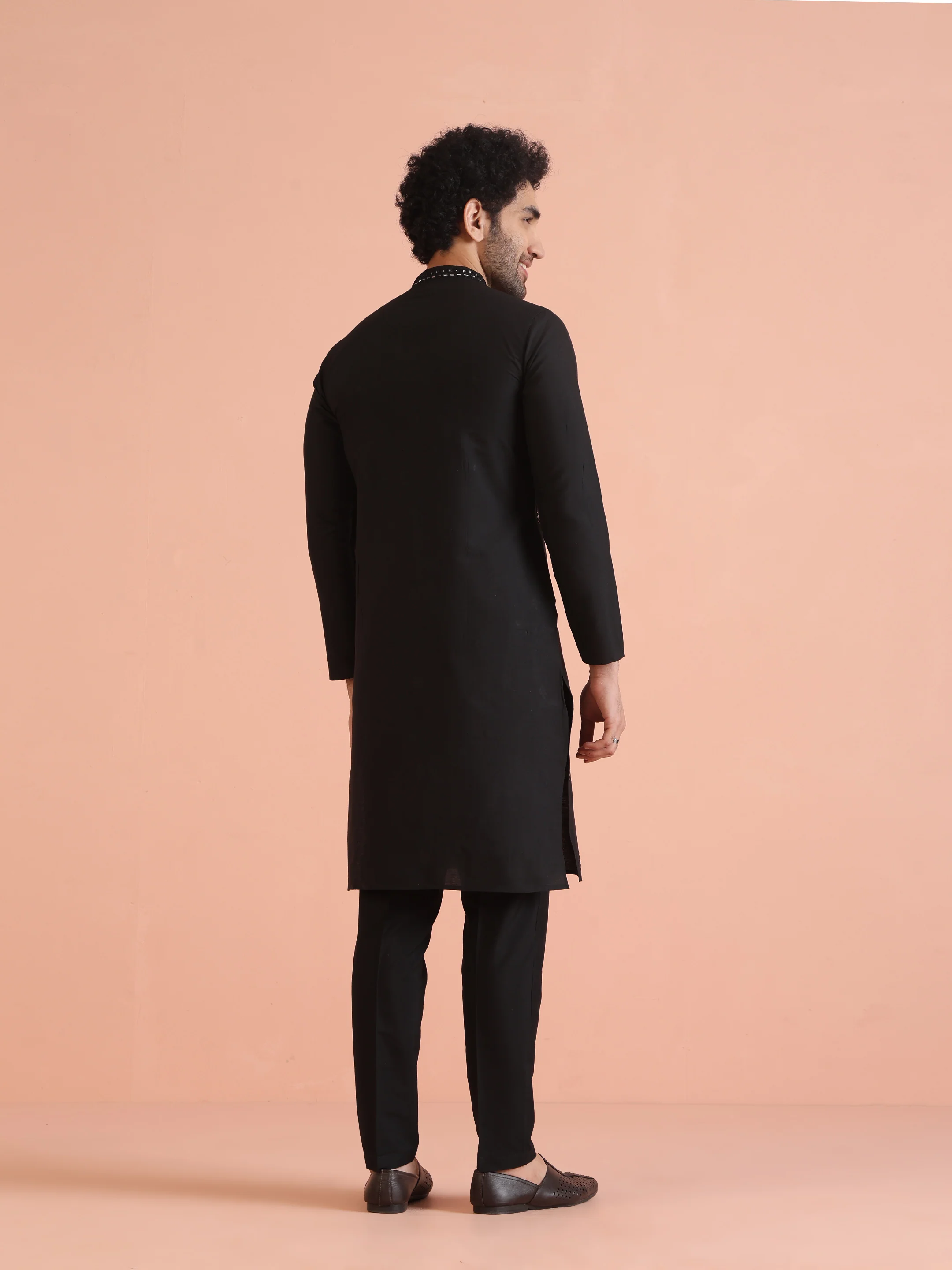 Black Cotton Mirror Work Kurta Trouser Set - Image 7