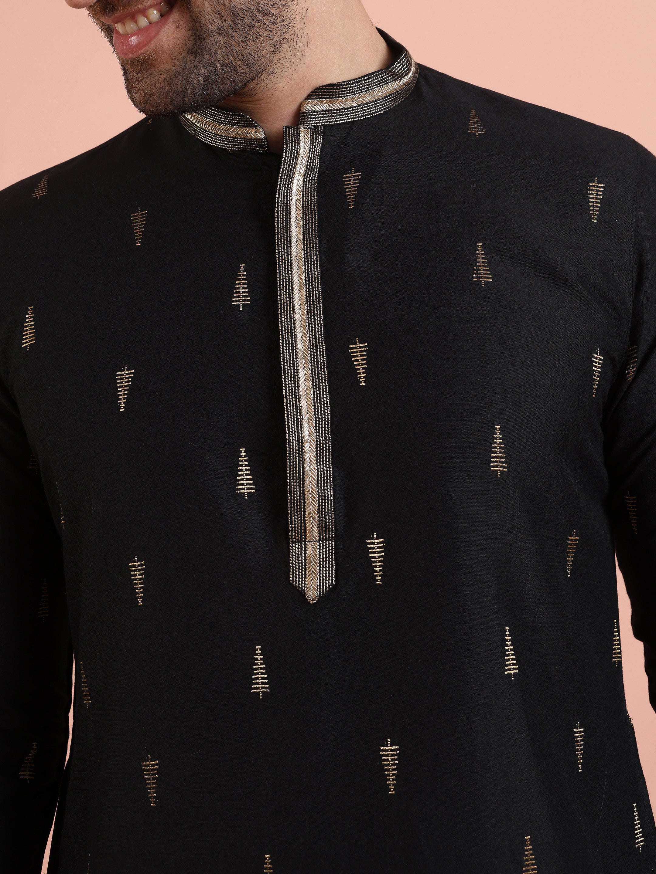 Men Black Jacquard Kurta Trouser Set with Ethnic Motifs - Image 5