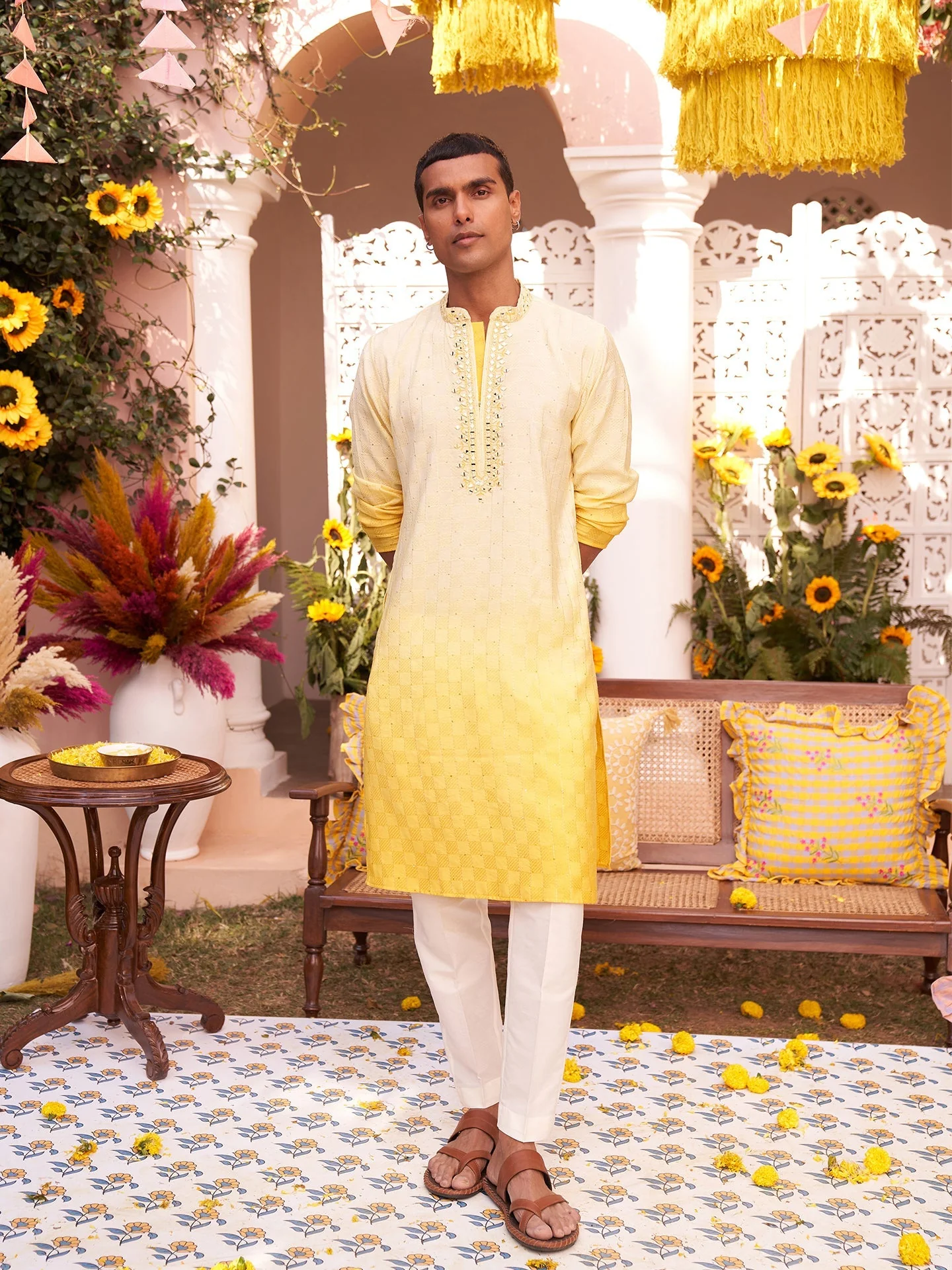 Yellow Silk Blend Mirror Work Ombre Kurta Trouser Set - Image 12