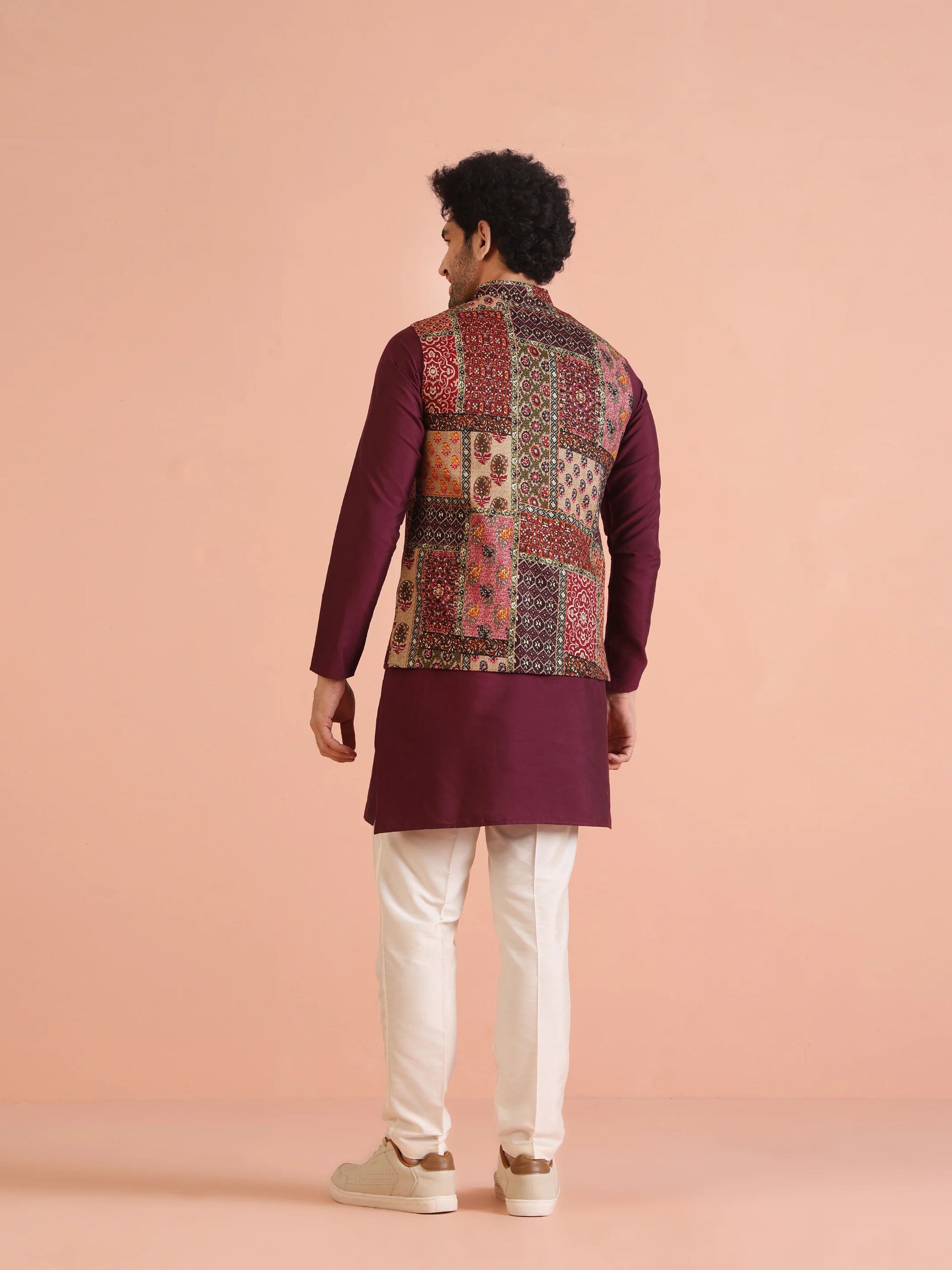 Maroon Multicolor Patchwork Printed Silk Blend Nehru Jacket - Image 6