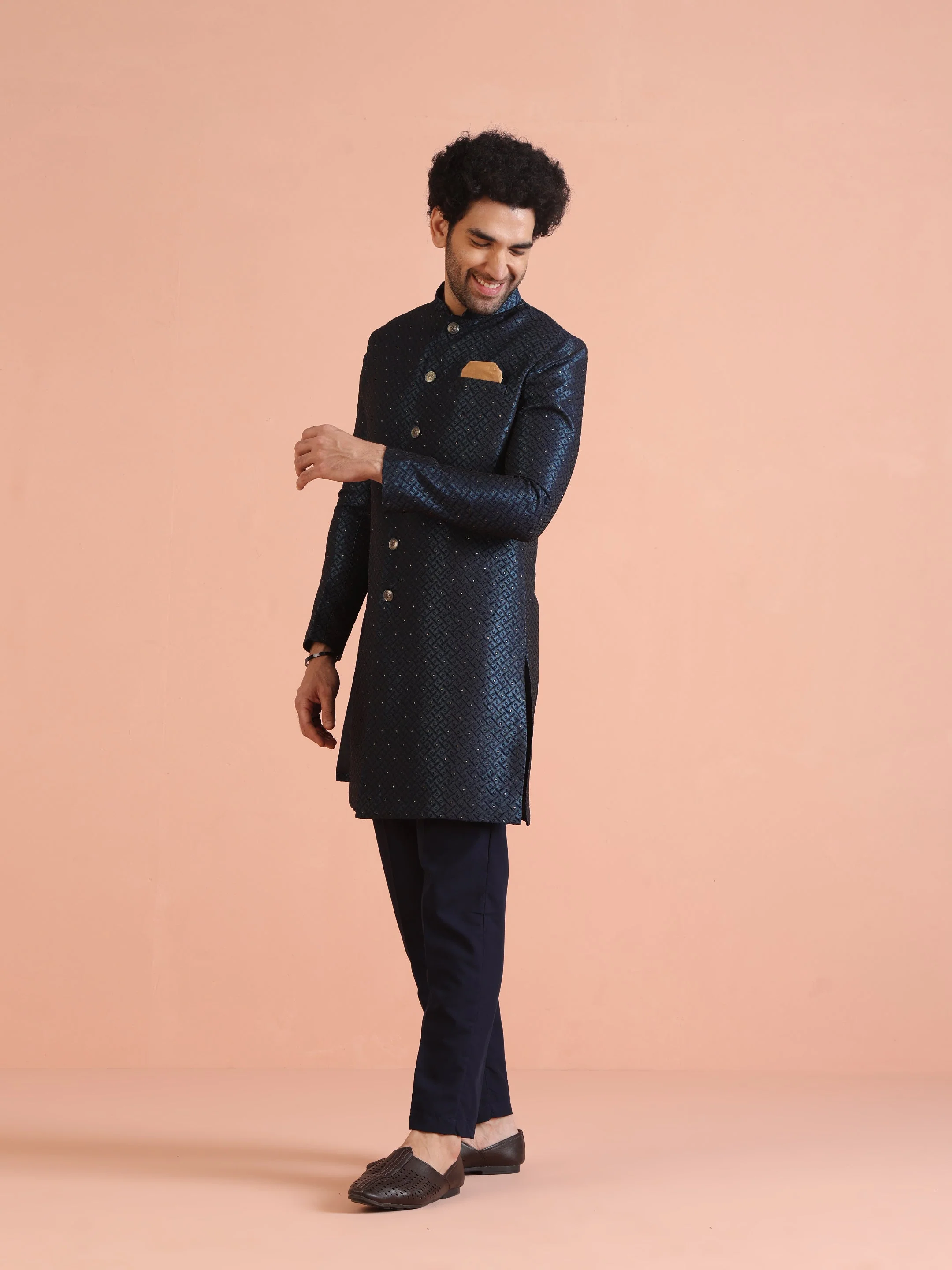 Navy Blue Textured Sherwani Trouser Set - Image 12