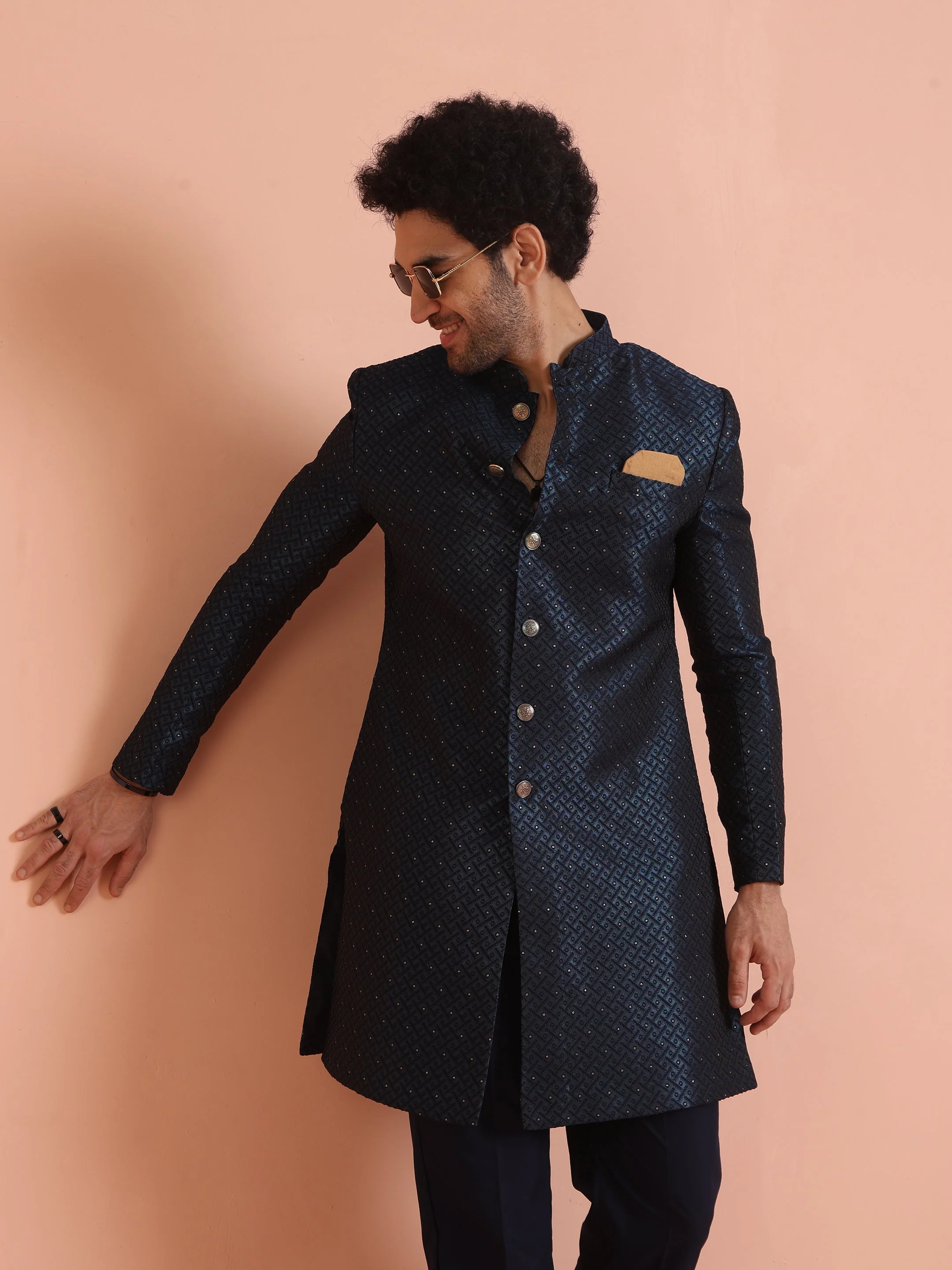 Navy Blue Textured Sherwani Trouser Set - Image 16