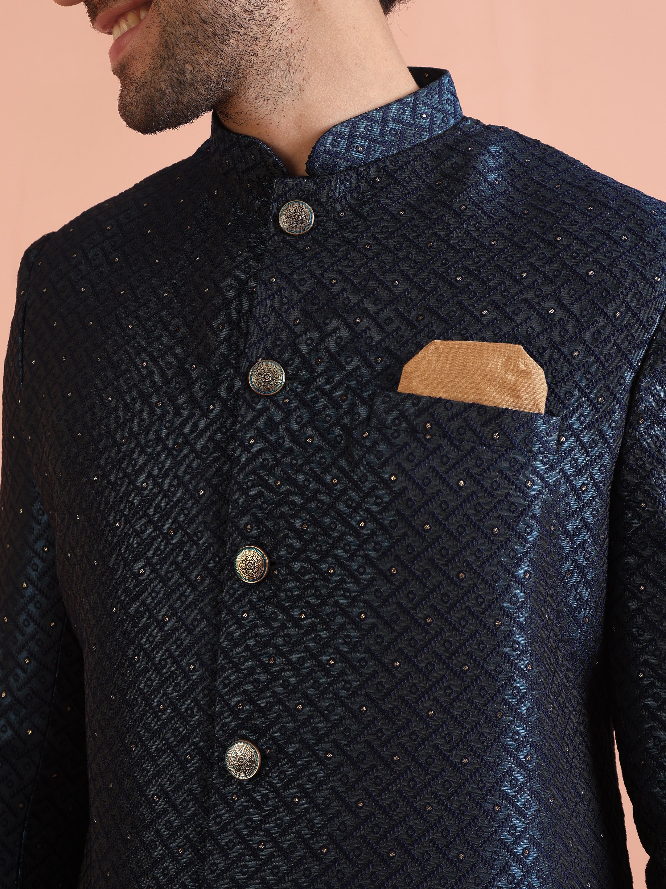 Navy Blue Textured Sherwani Trouser Set - Image 6