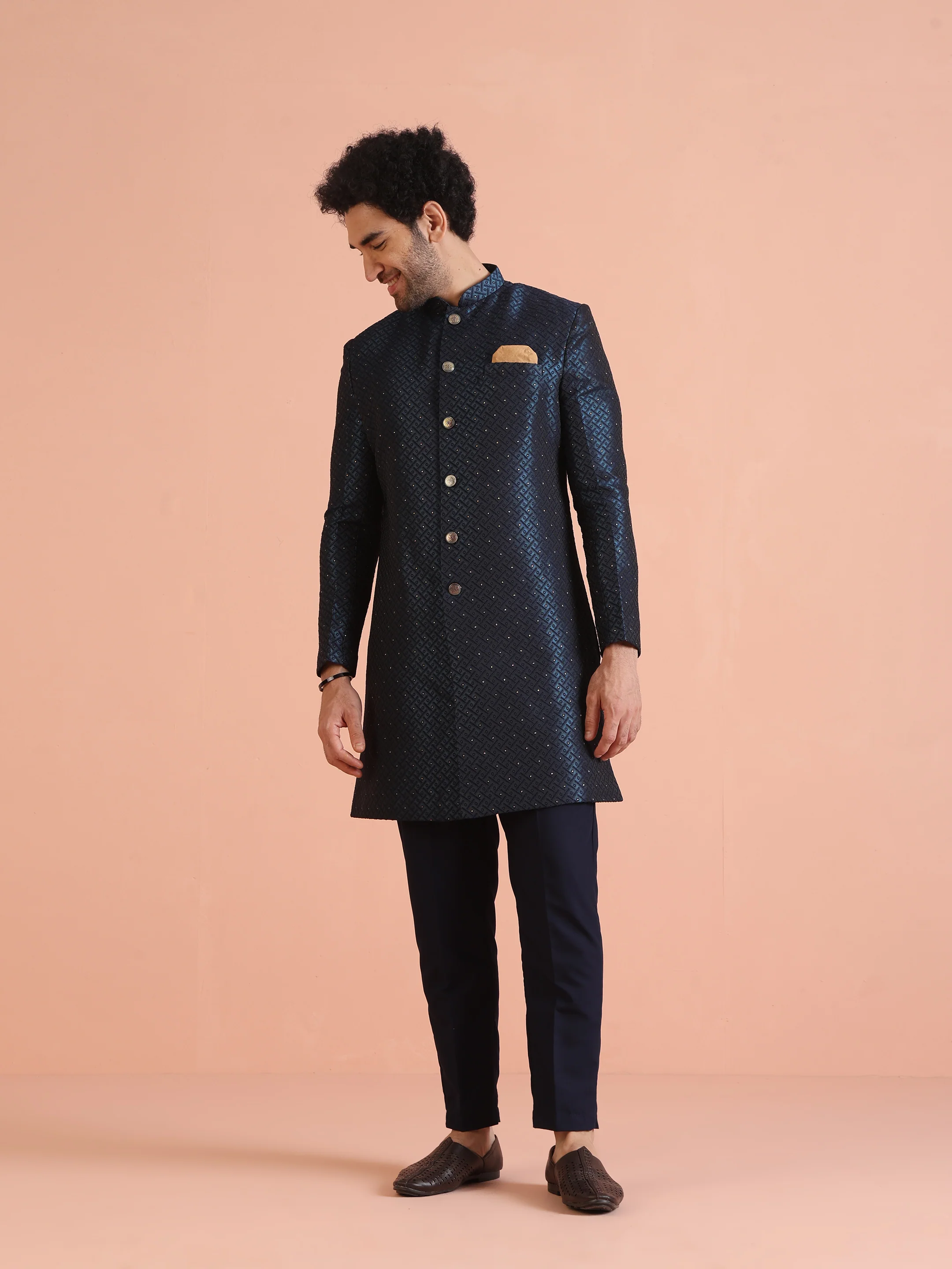 Navy Blue Textured Sherwani Trouser Set - Image 9