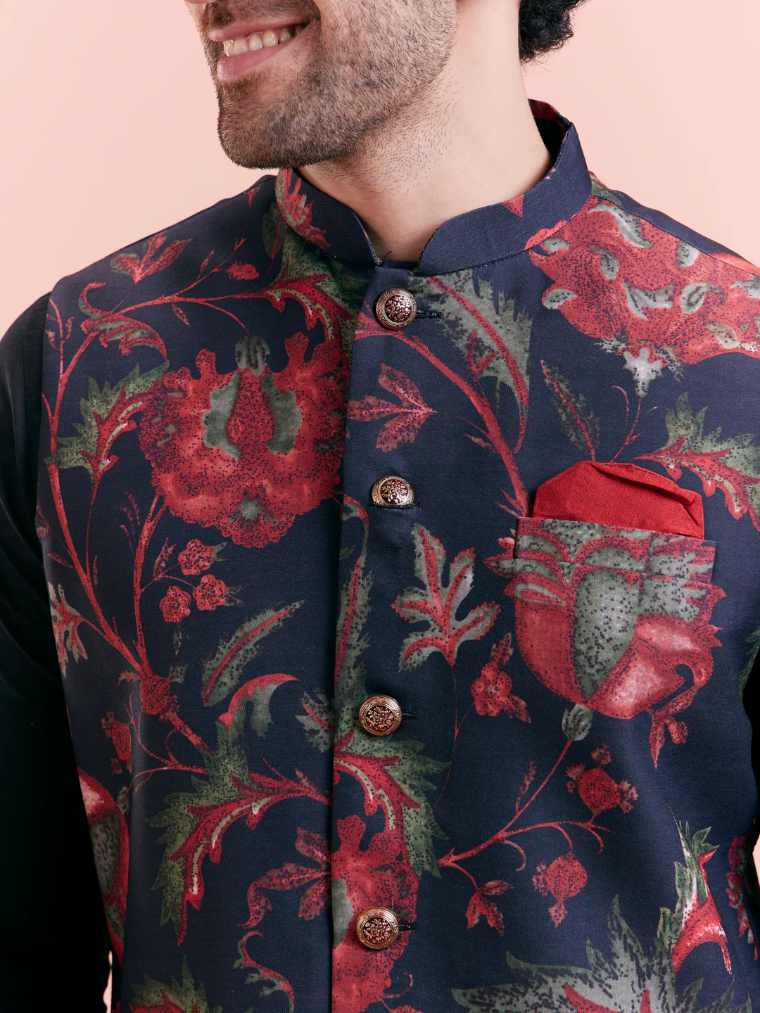 Navy Floral Nehru Jacket Kurta Trouser Set - Image 5