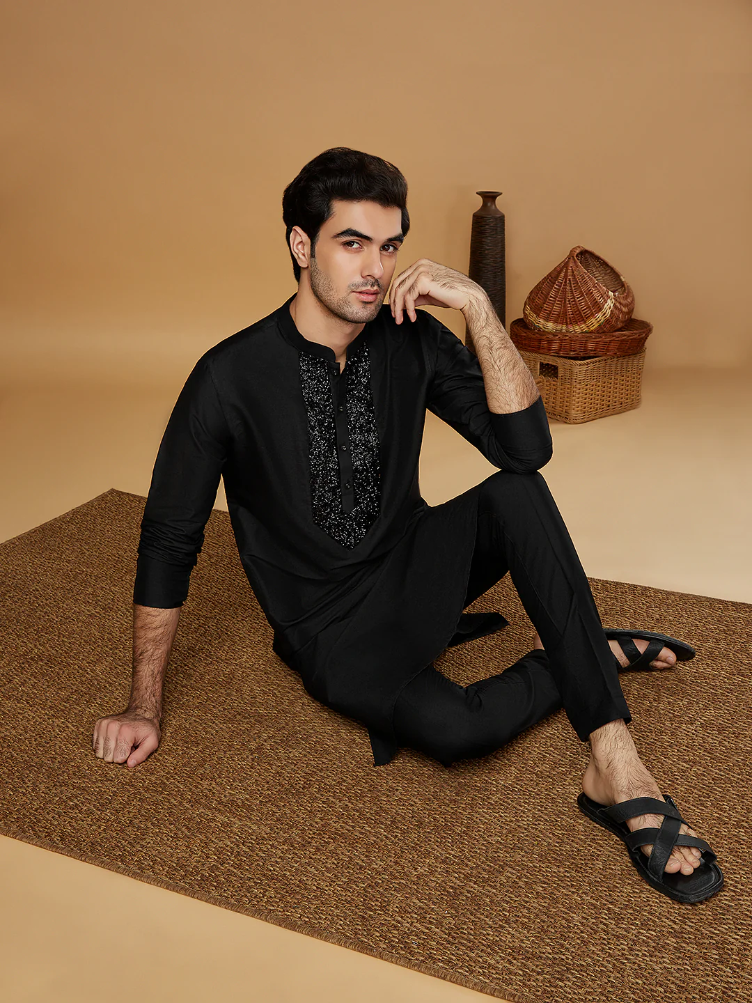 Black Embroidered Silk Blend Kurta with Trouser - Image 7