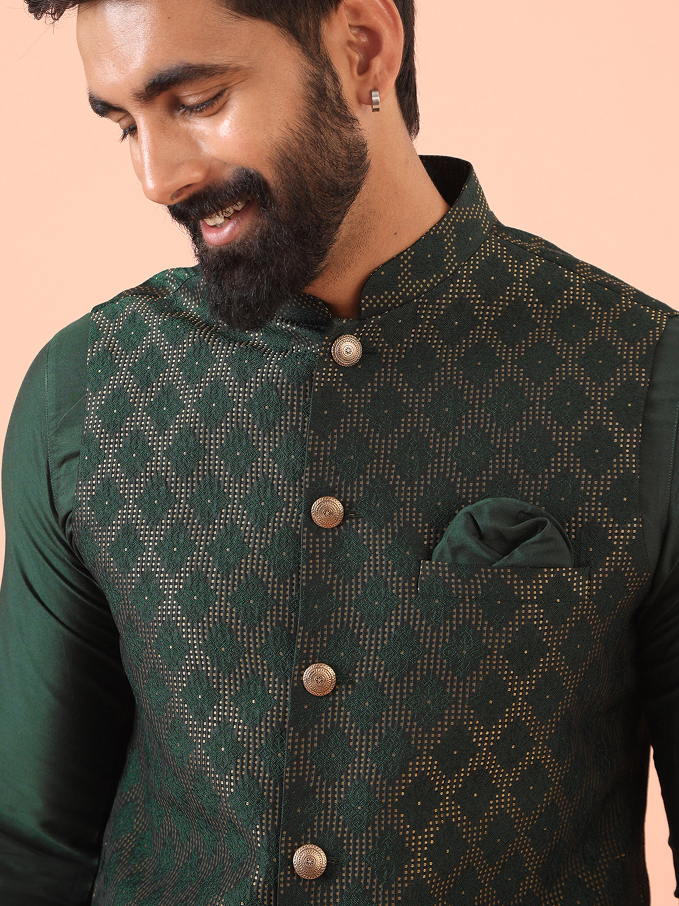 Green Woven Nehru Jacket Kurta Trouser Set - Image 6