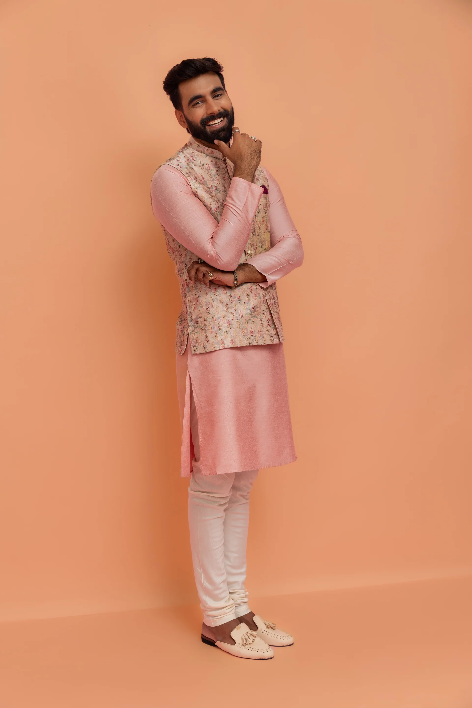 Multicolour Floral Jacquard Jacket Kurta Churidar Set - Image 3