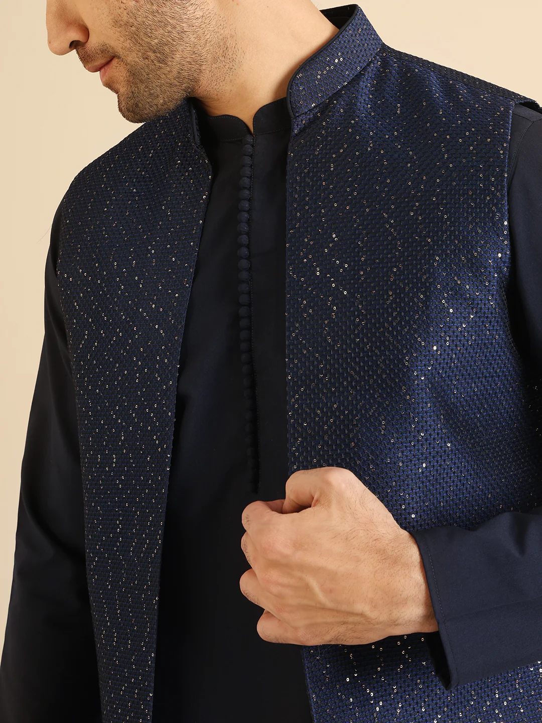Navy Blue Silk Blend Metallic Jacket Kurta Trouser Set - Image 6