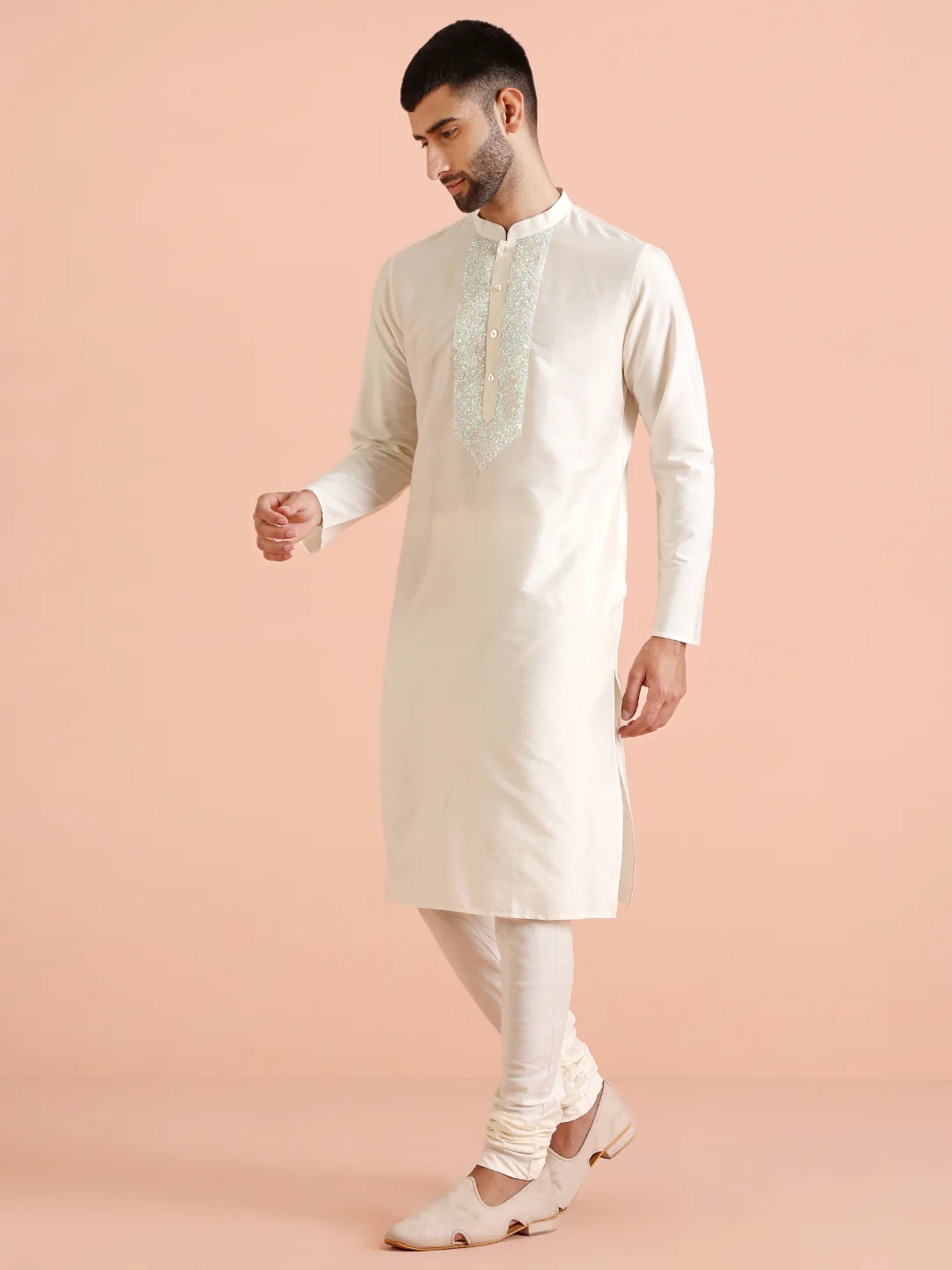 Men Off White Kurta Churidar Set - Image 4
