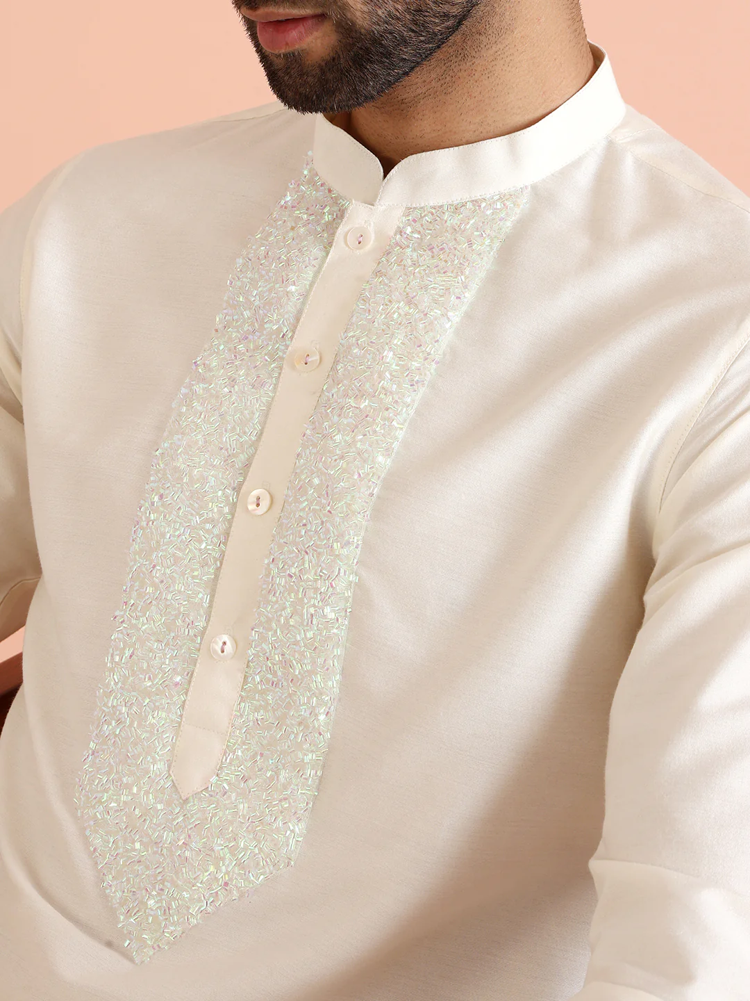 Men Off White Kurta Churidar Set - Image 7