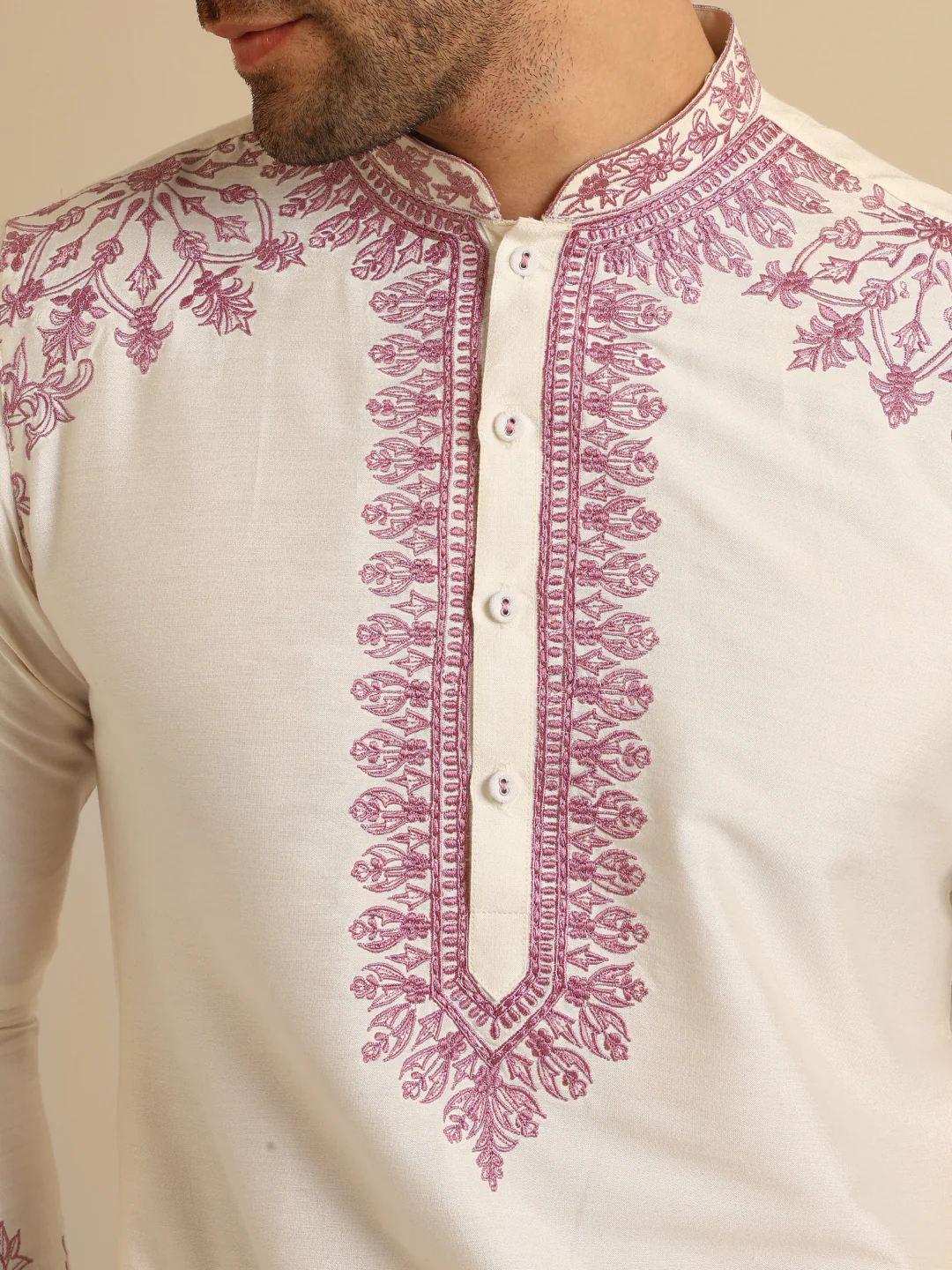 Cream Silk Blend Pink Embroidered Kurta - Image 6