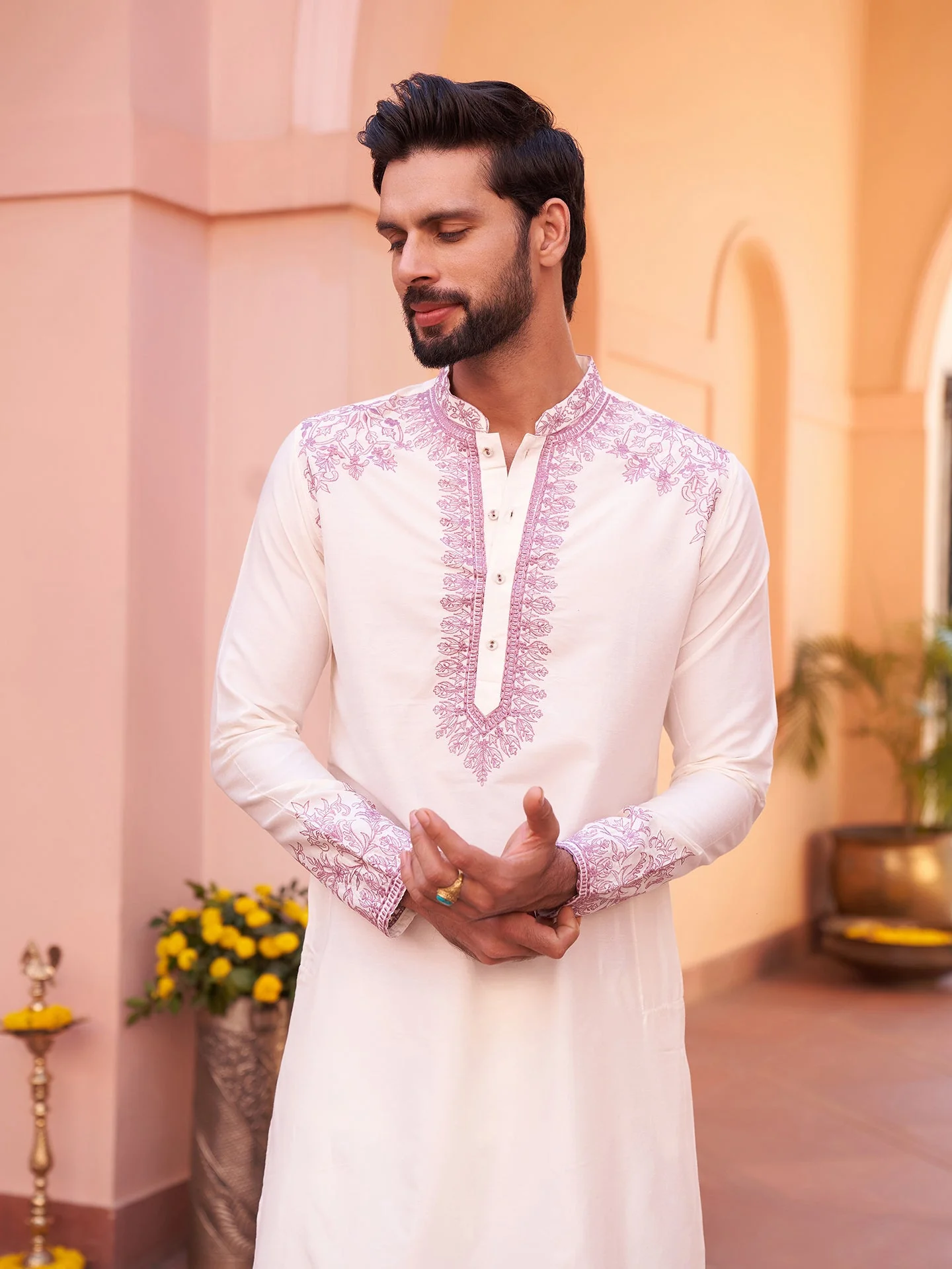 Cream Silk Blend Pink Embroidered Kurta - Image 9