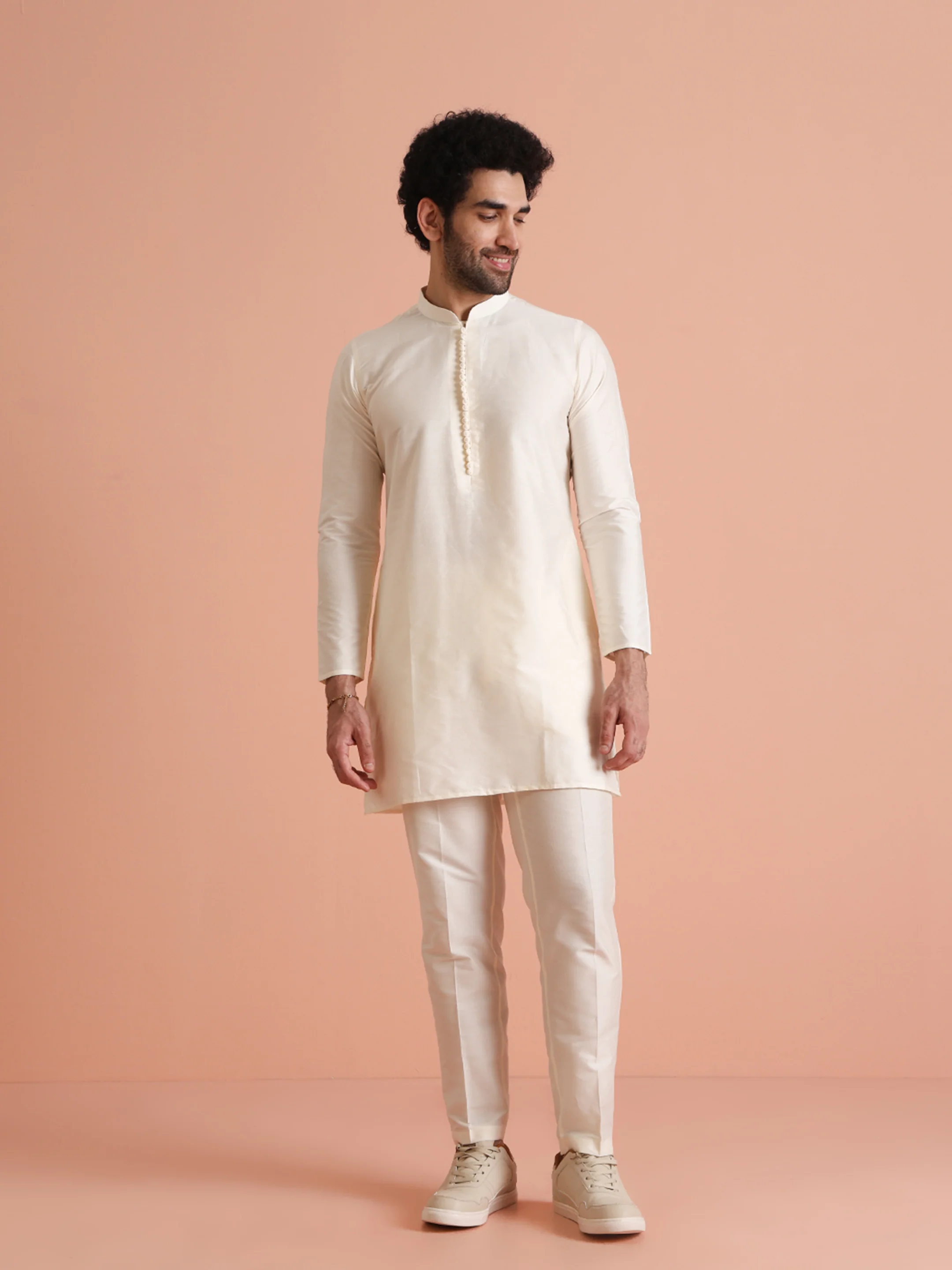 Cream Silk Blend Gold Embroidered Jacket Kurta Trouser Set - Image 7