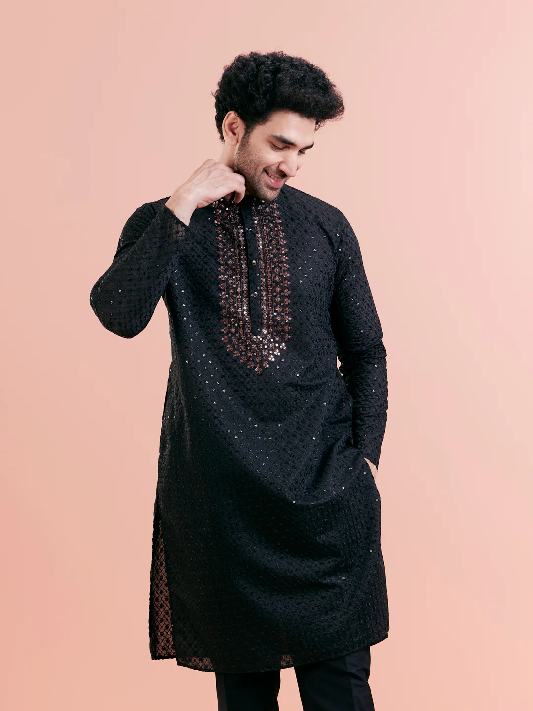 Black Silk Blend Mirror Work Kurta - Image 6