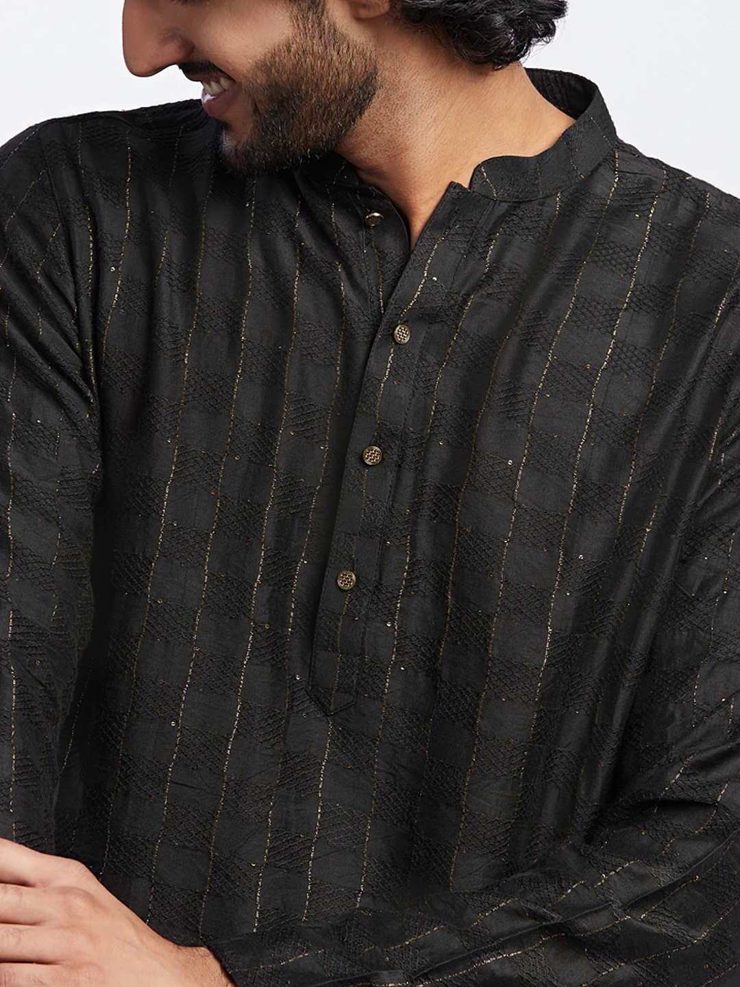 Black Cotton Silk Striped Kurta with Trousers - Image 5
