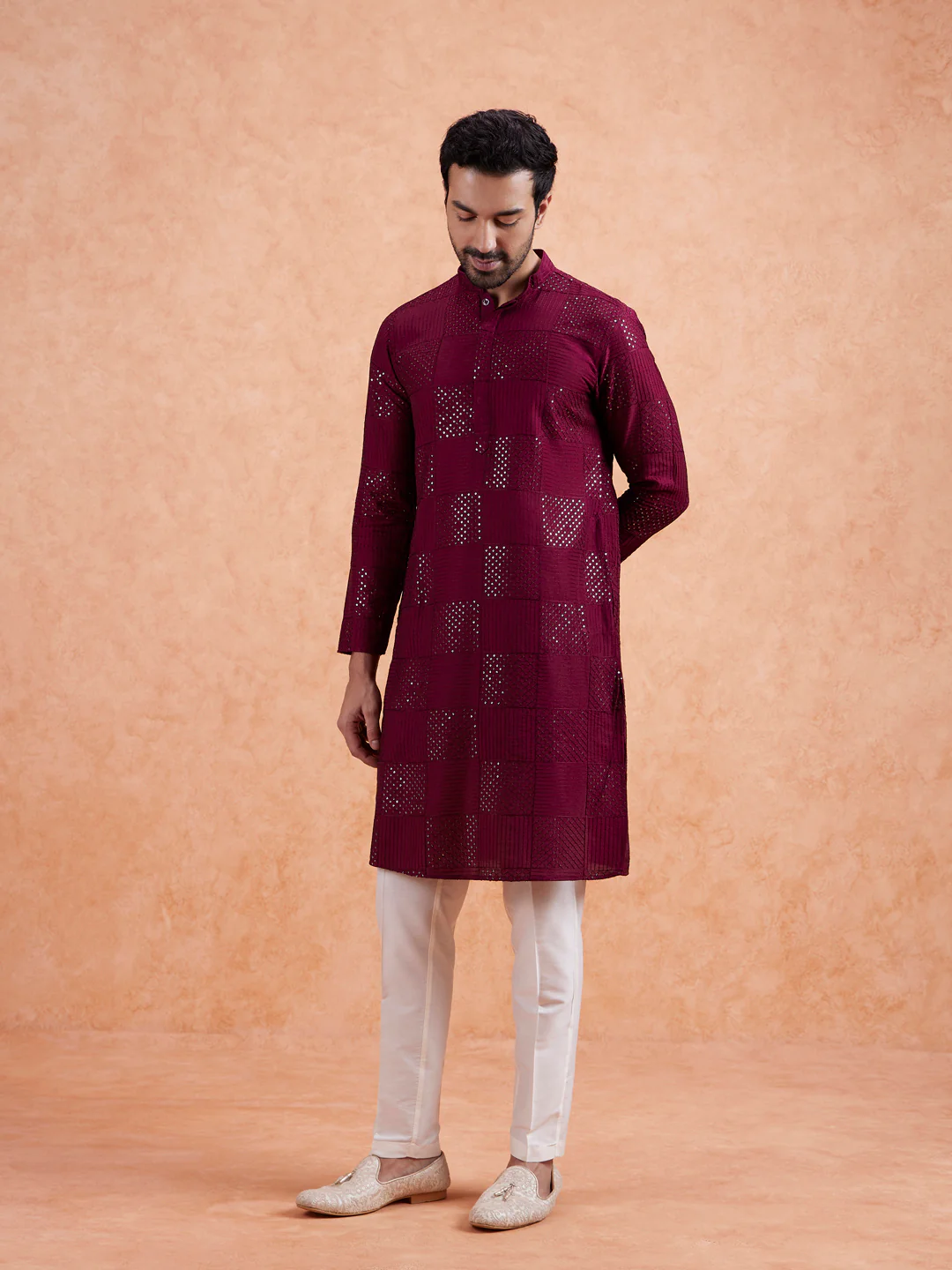 Maroon Cotton Geometric Embroidery Long Kurta - Image 5