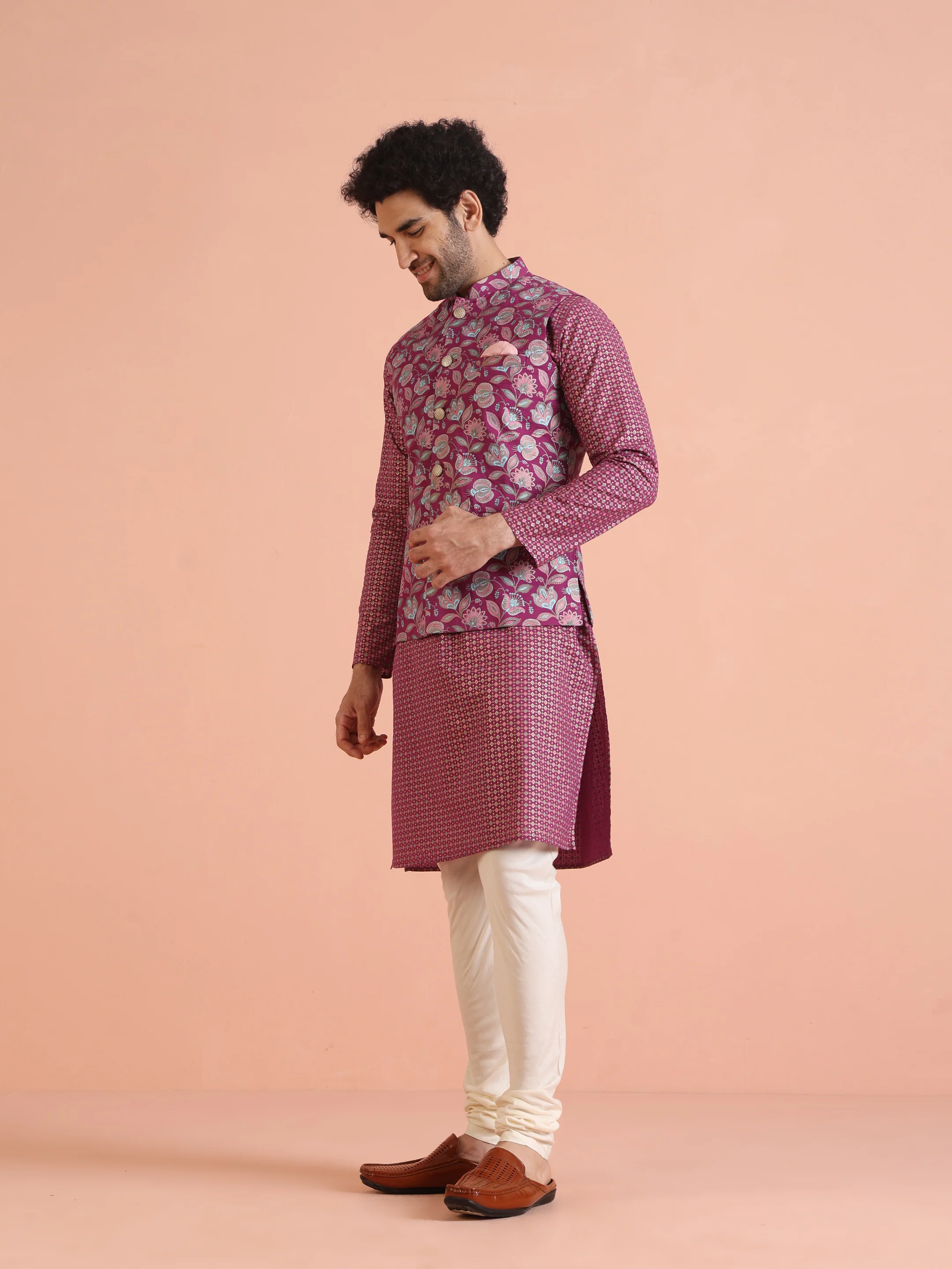 Hot Pink Printed Jacket Kurta Churidar Set - Image 4