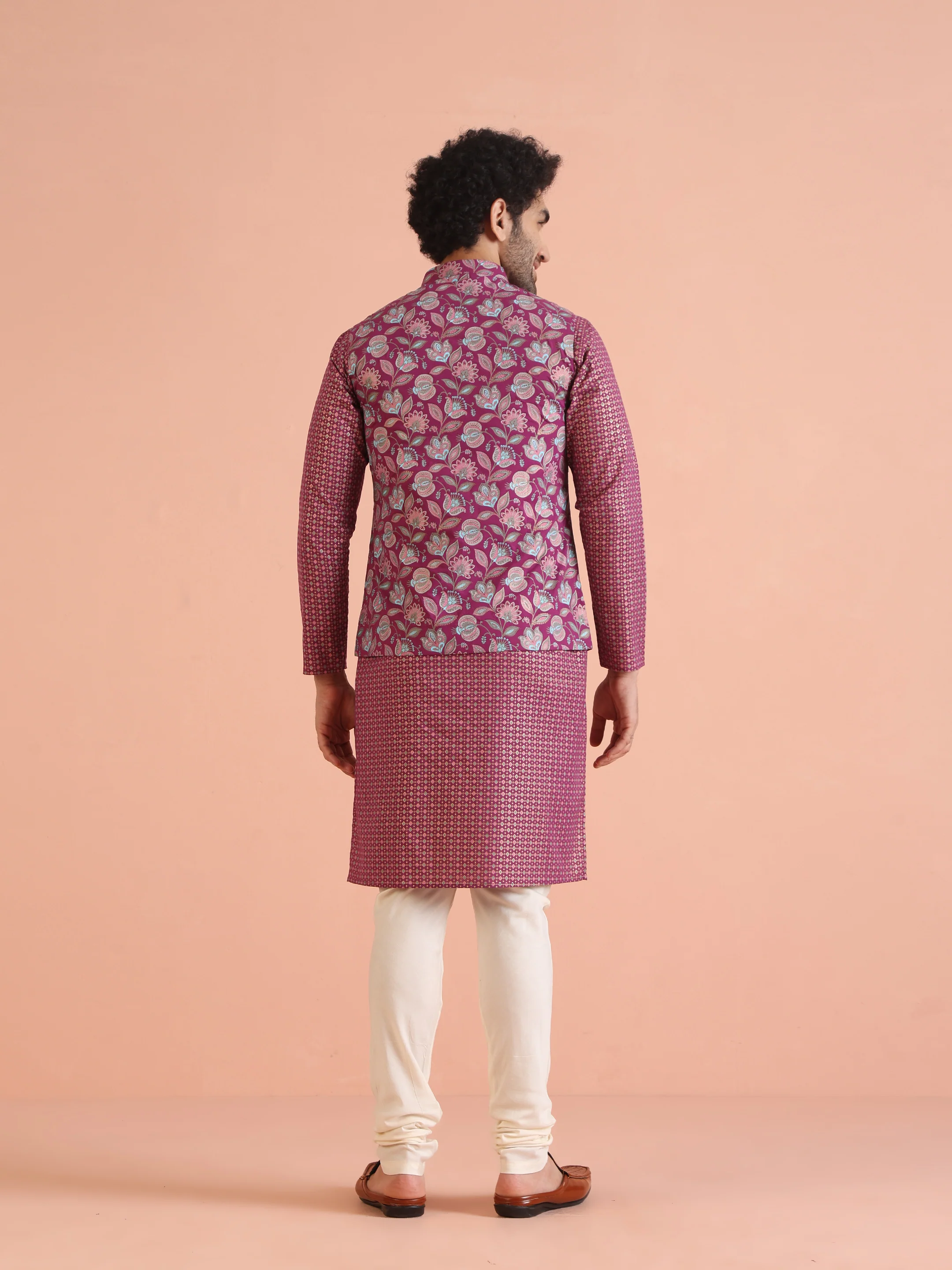 Hot Pink Printed Jacket Kurta Churidar Set - Image 5